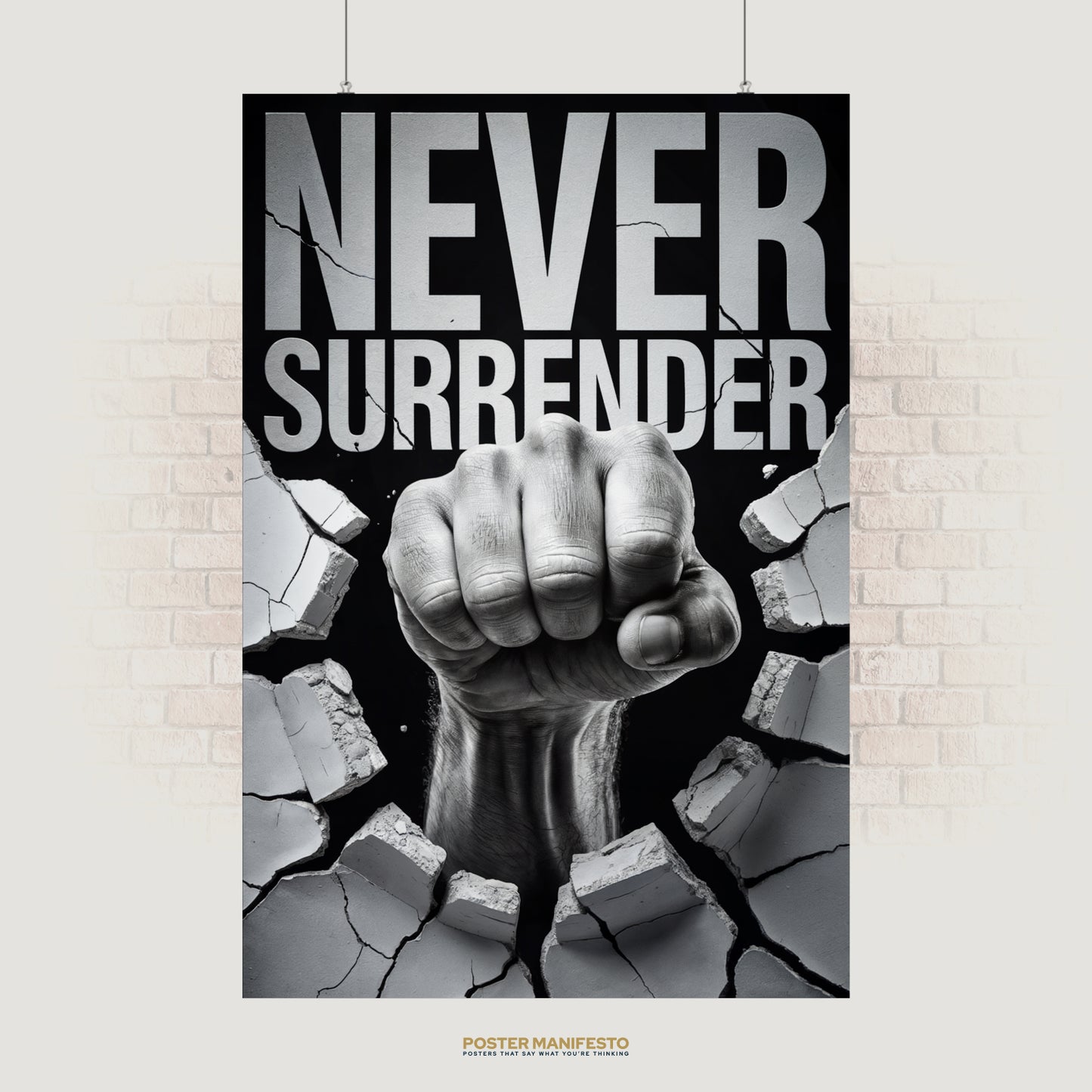 Motivational poster with bold text “Never Surrender” and fist smashing concrete wall.