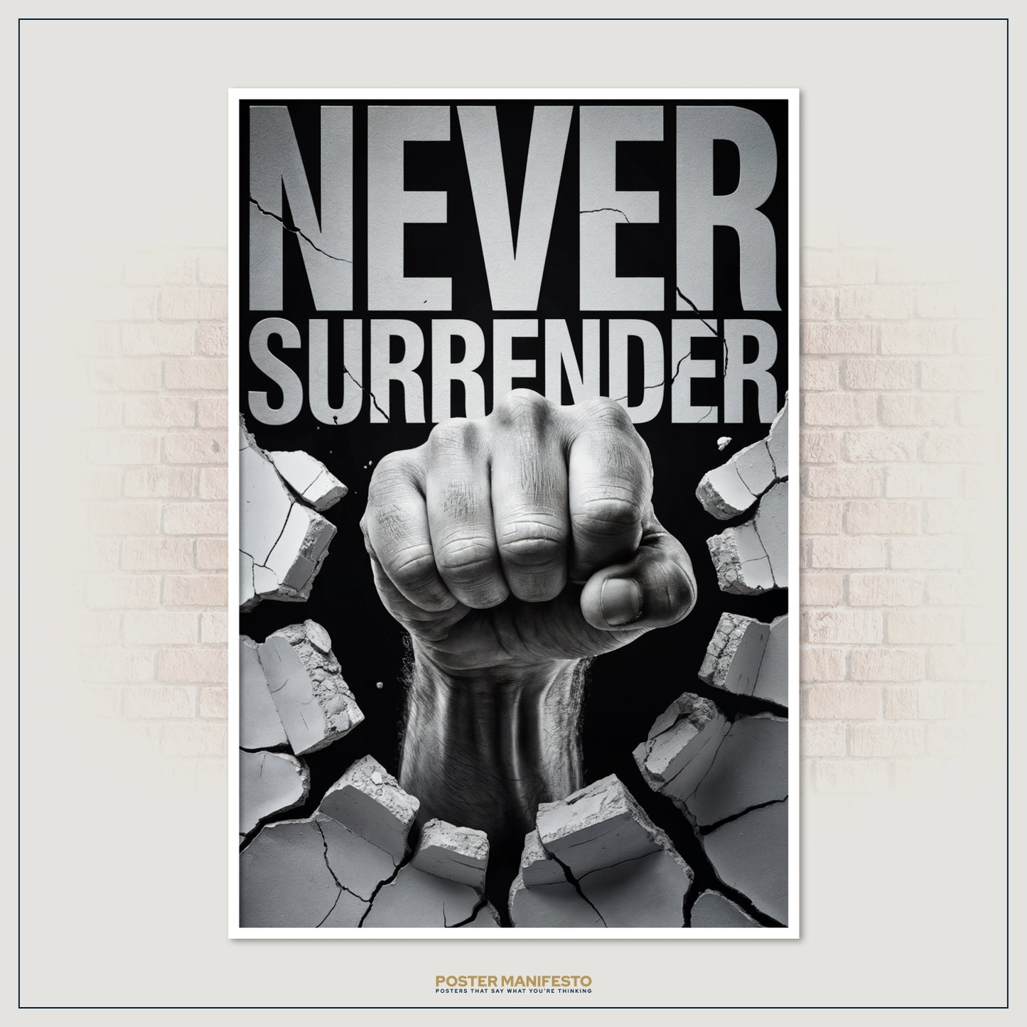 Gym motivation artwork with a dramatic fist punch and text “Never Surrender.”