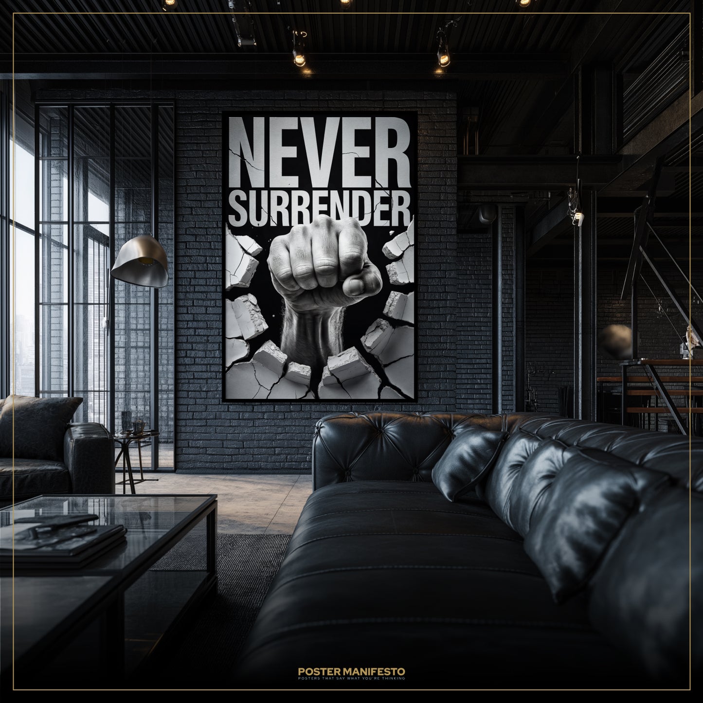 Modern living room with a 'Never Surrender' poster on a brick wall.