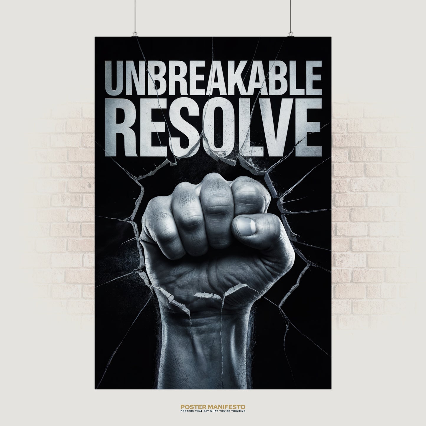 Motivational poster with bold text “Unbreakable Resolve” and fist breaking glass.