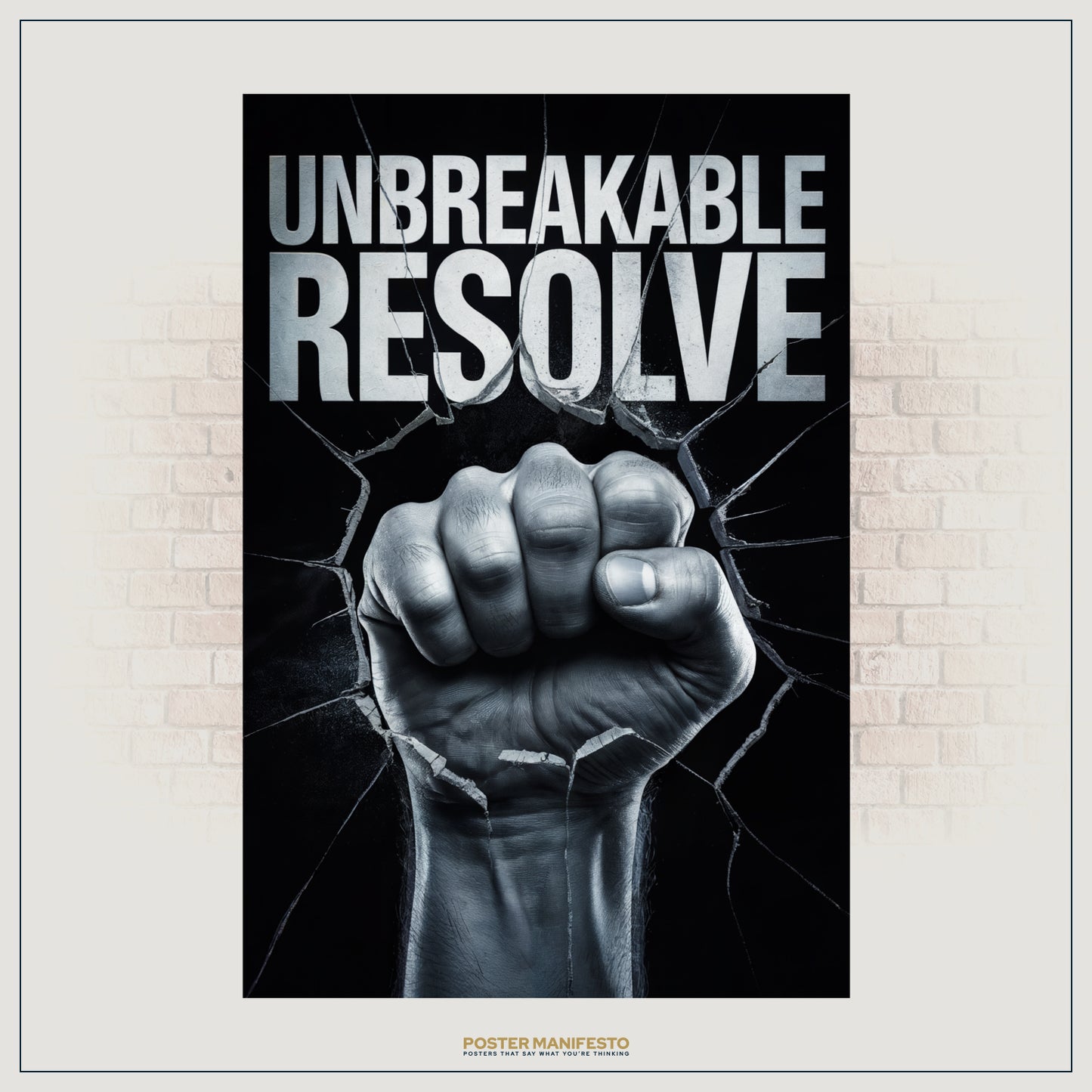 Black and white artwork featuring clenched fist shattering through cracks.