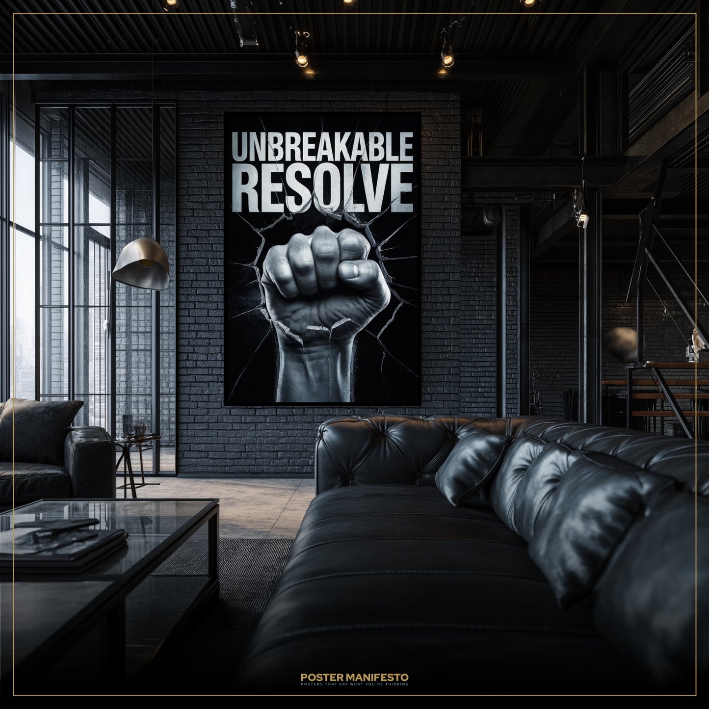 Modern living room with a motivational poster titled 'Unbreakable Resolve' on a brick wall.