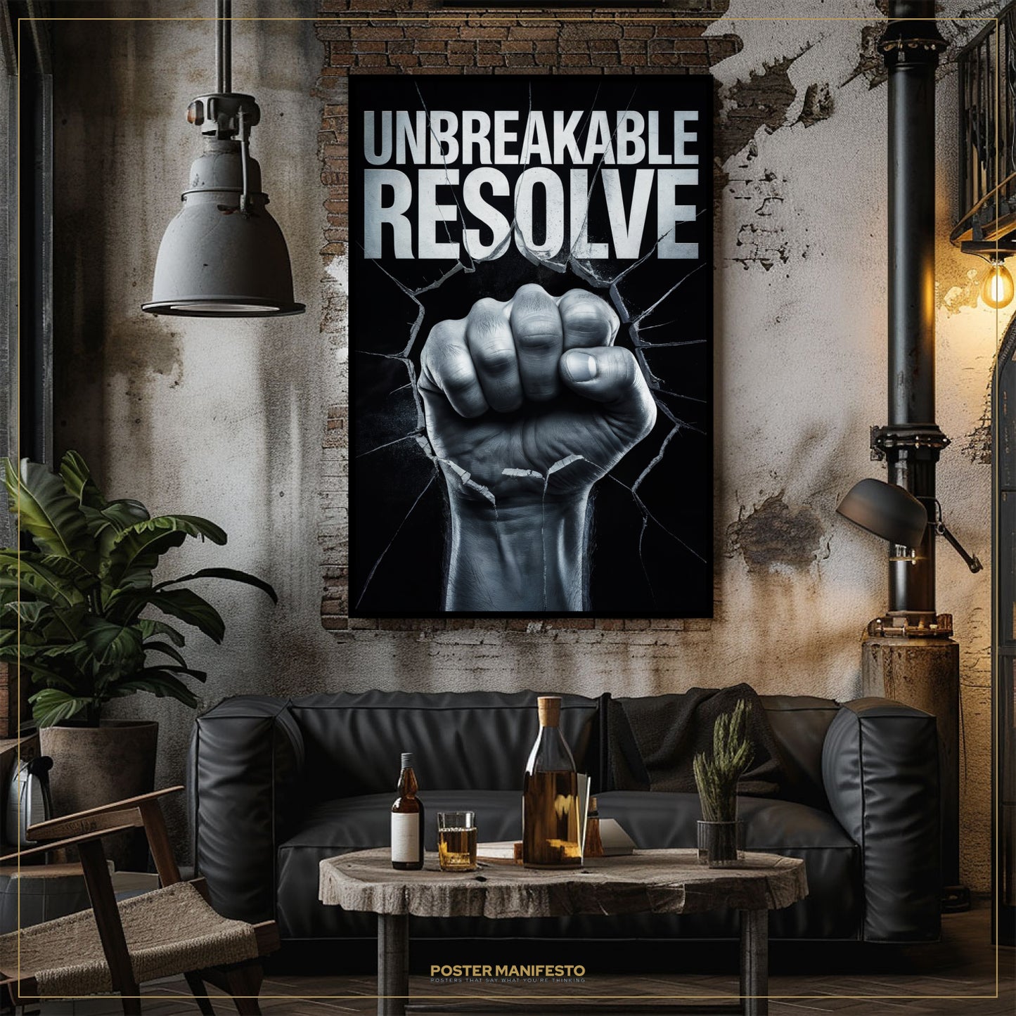 Living room with a 'Unbreakable Resolve' poster above a couch.