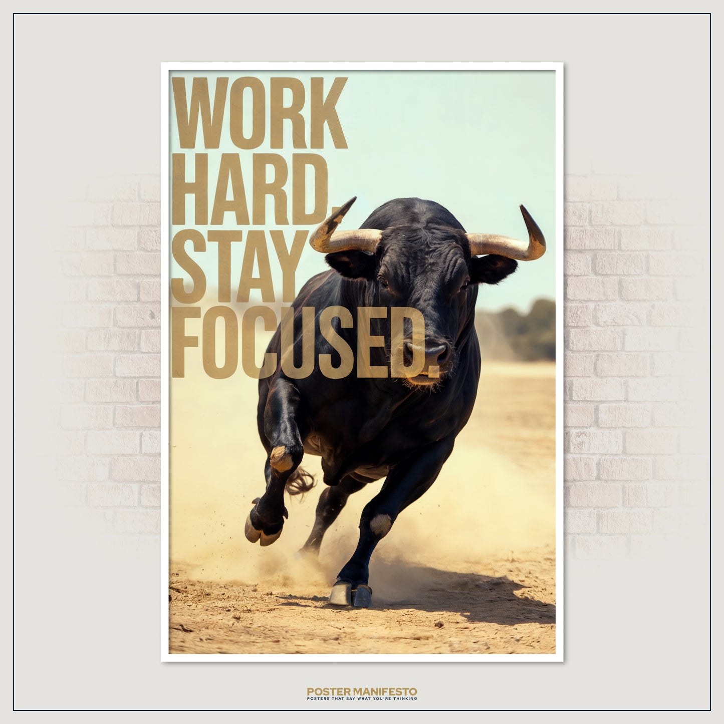 Black bull in desert dust symbolizing ambition and focus.