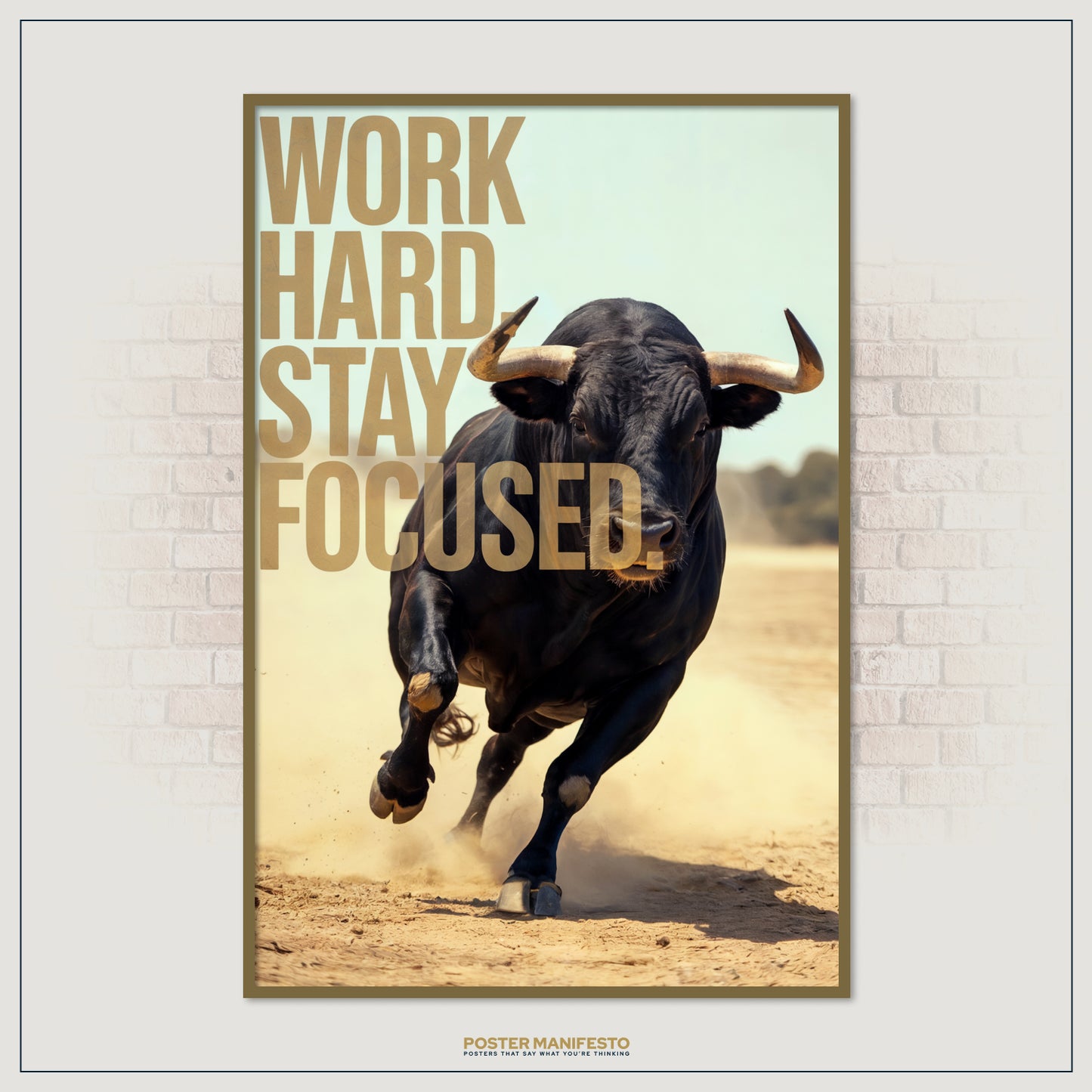 Motivational decor for office or gym with bold charging bull.