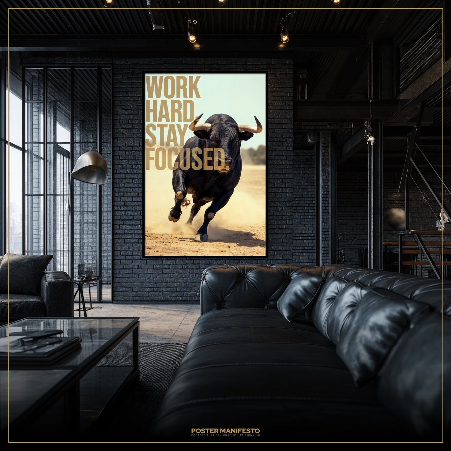 Living room with a bull poster and motivational quote on a wall.