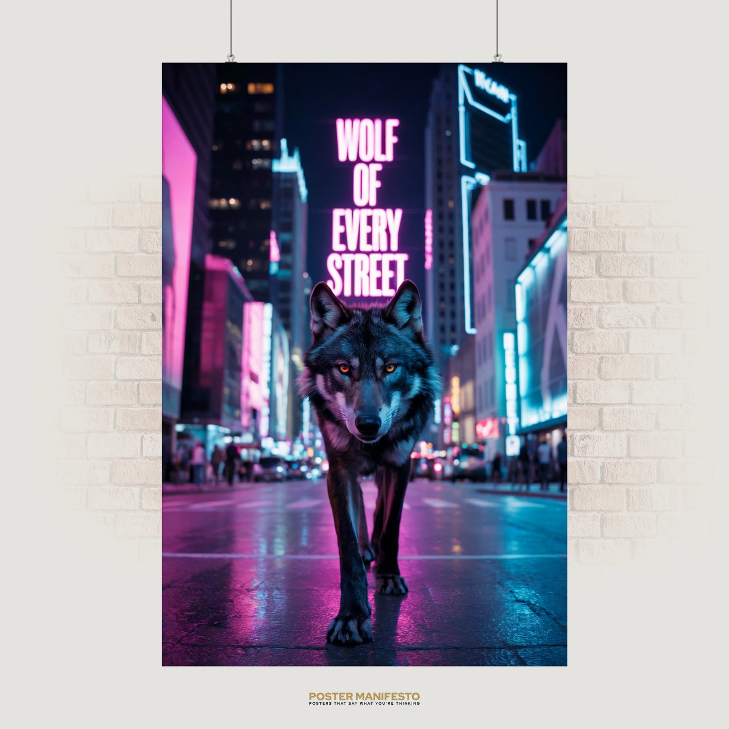 Motivational poster with a wolf walking through neon-lit city streets.