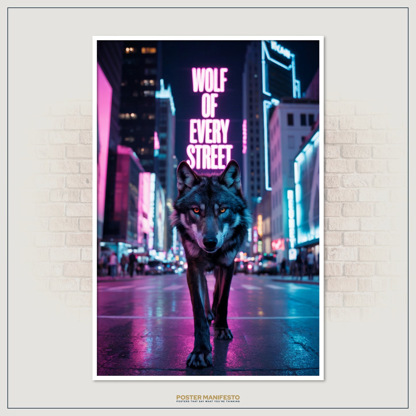 Neon motivational wall art featuring a confident wolf.