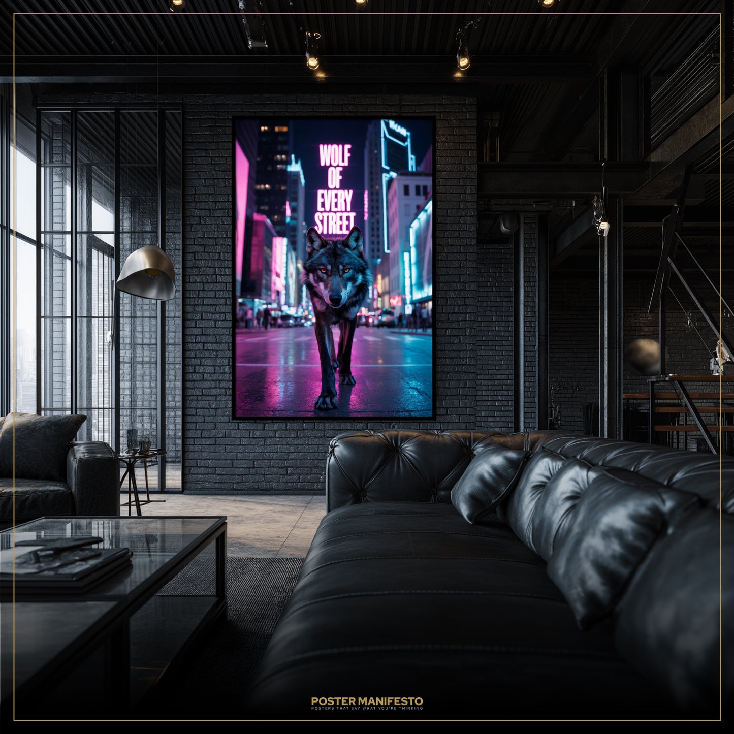 Modern living room with a large framed poster of a wolf on a city street, featuring the text 'Wolf of Every Street'.