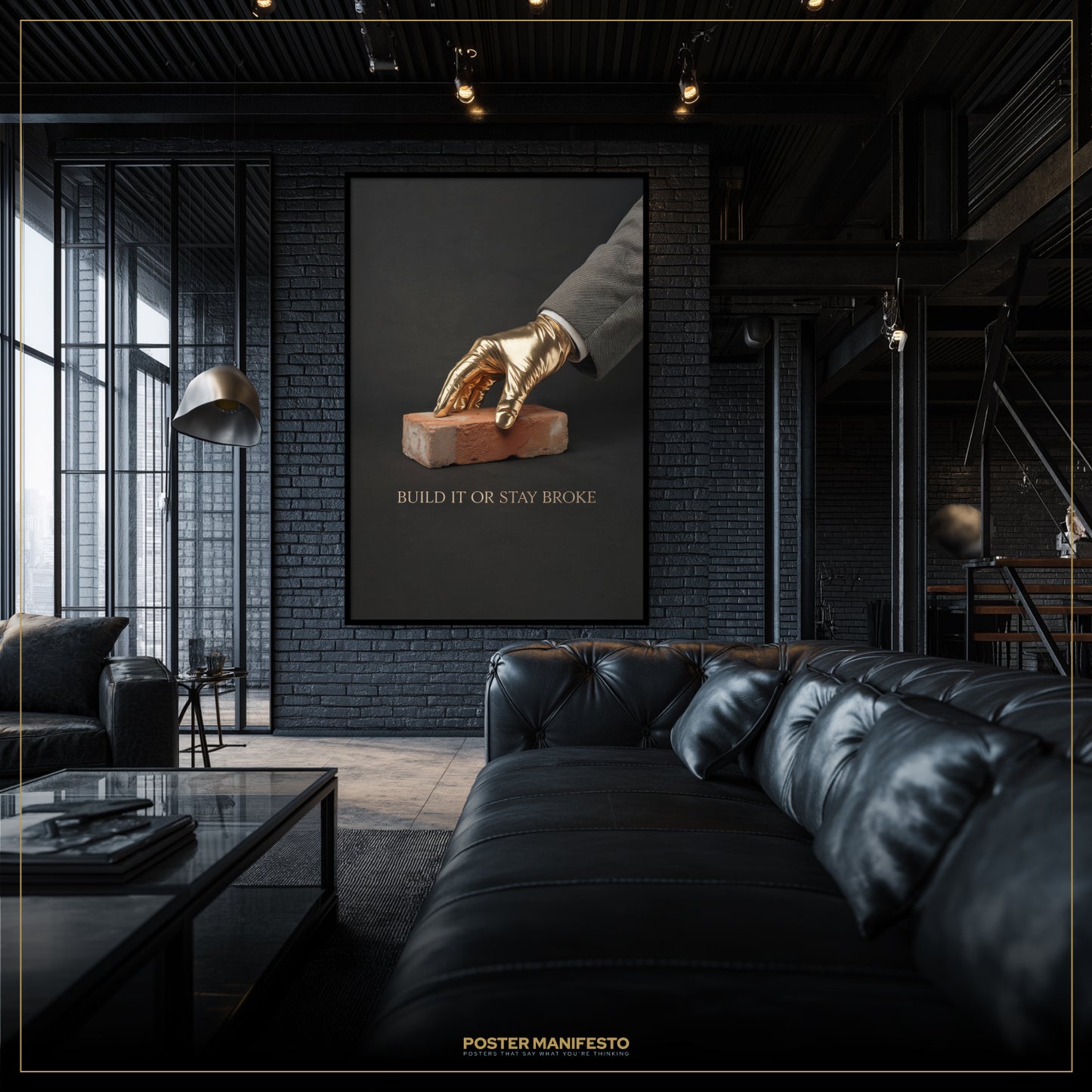 Modern interior with a black leather sofa and a framed poster on the wall.