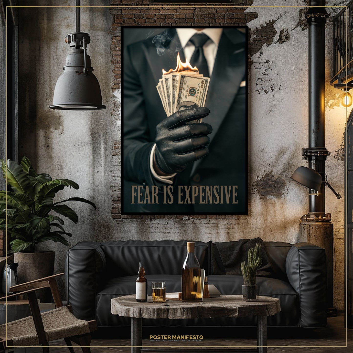 Living room with a dark leather sofa, wooden coffee table, and a framed poster on the wall.