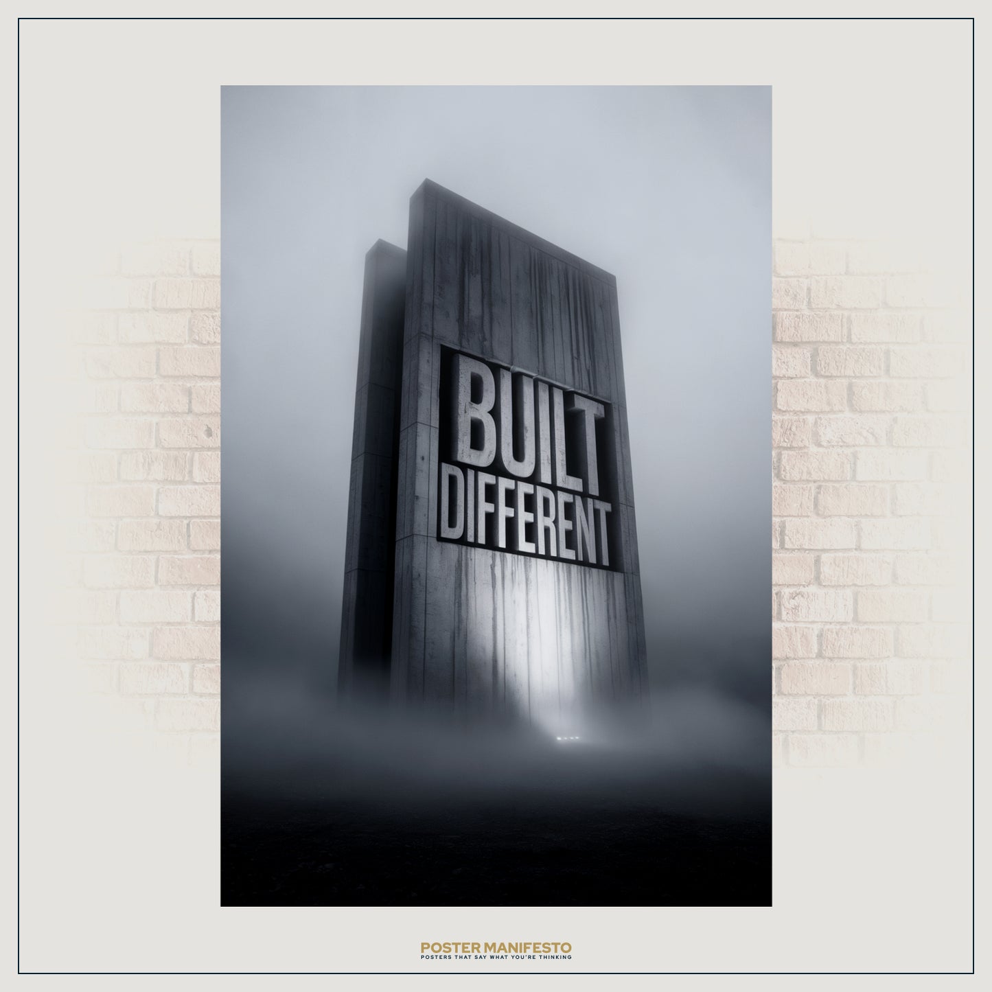 Cinematic motivational poster with dramatic fog and a concrete monument displaying “Built Different,” ideal for entrepreneurs, leaders, and gym inspiration.