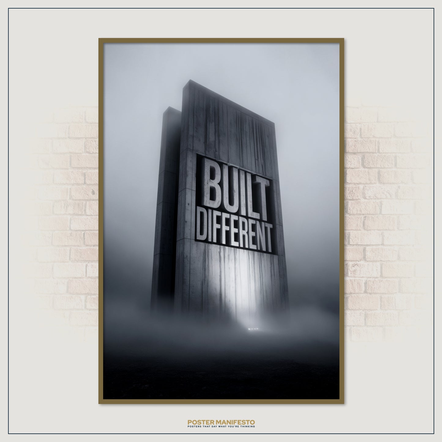 Premium wall art poster designed for entrepreneurs and achievers, showcasing a cinematic concrete structure with the words “Built Different” as a symbol of mindset and power.
