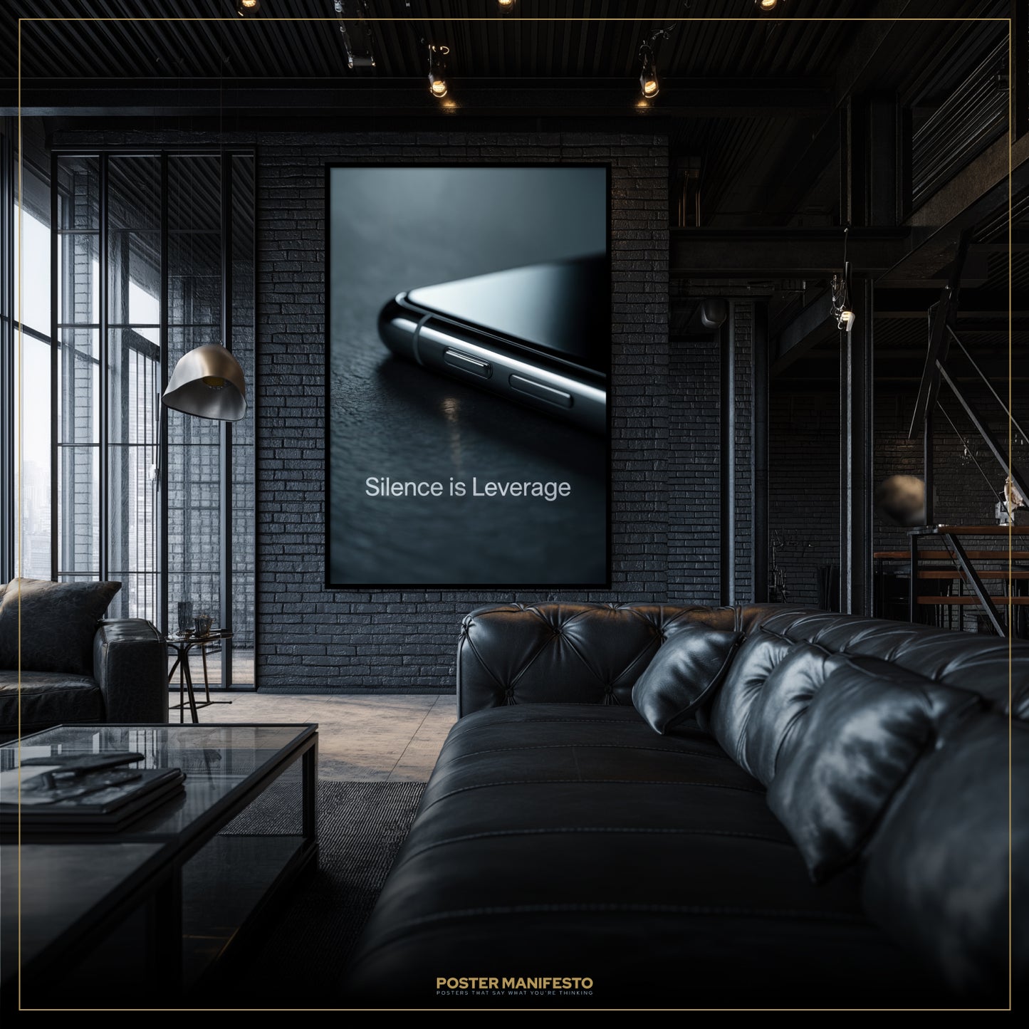 Modern living room with a black leather sofa and a framed poster on the wall.