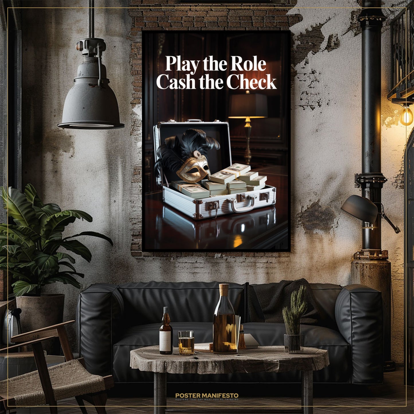 Living room with a black leather sofa, wooden coffee table, and wall art displaying 'Play the Role Cash the Check'.