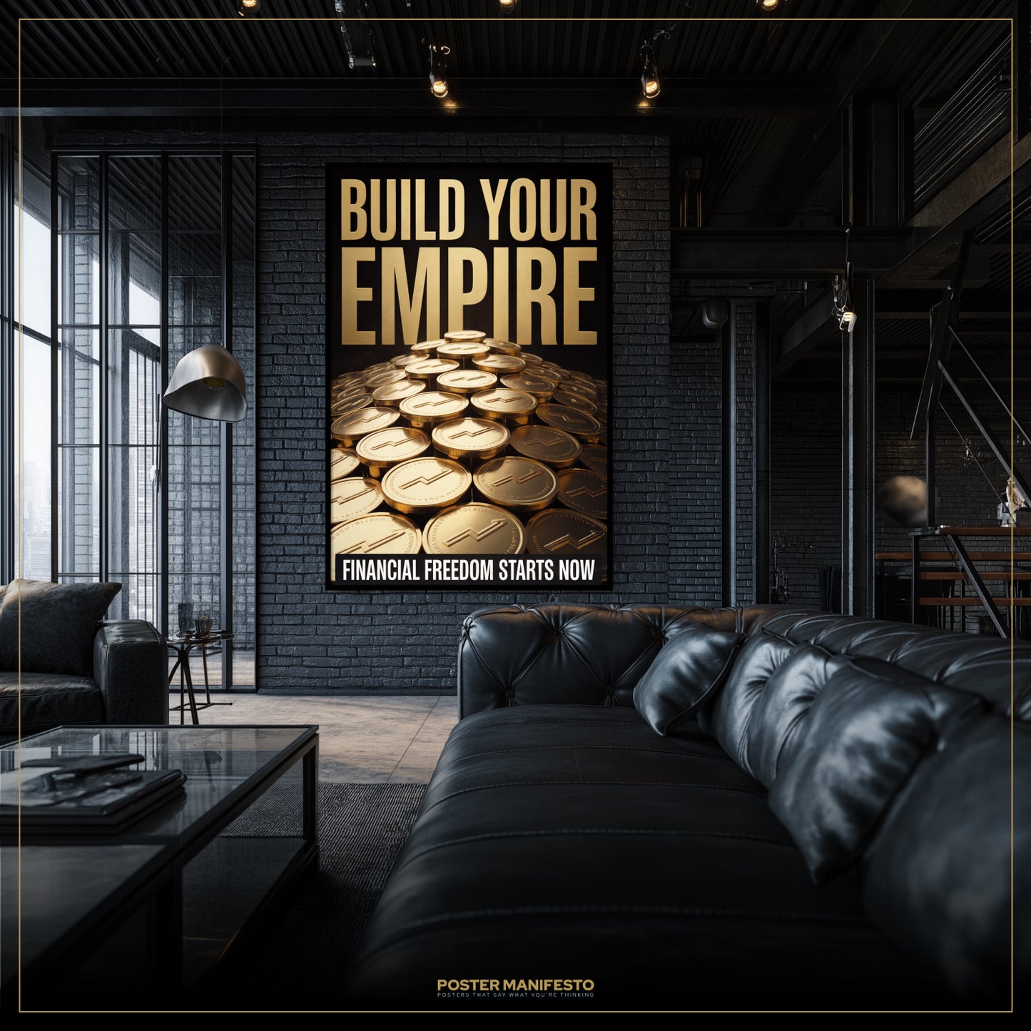 Modern living room with a motivational poster on the wall.