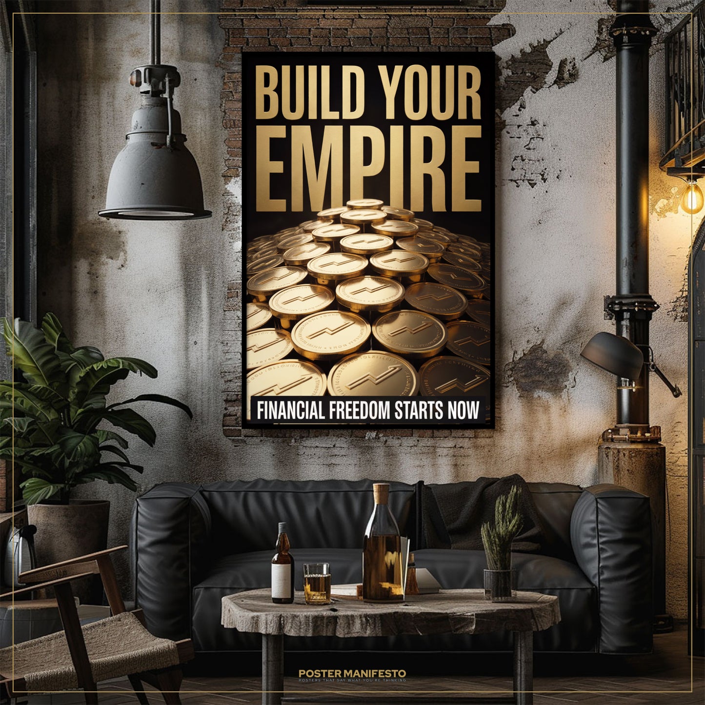 Living room with 'Build Your Empire' poster and a couch.
