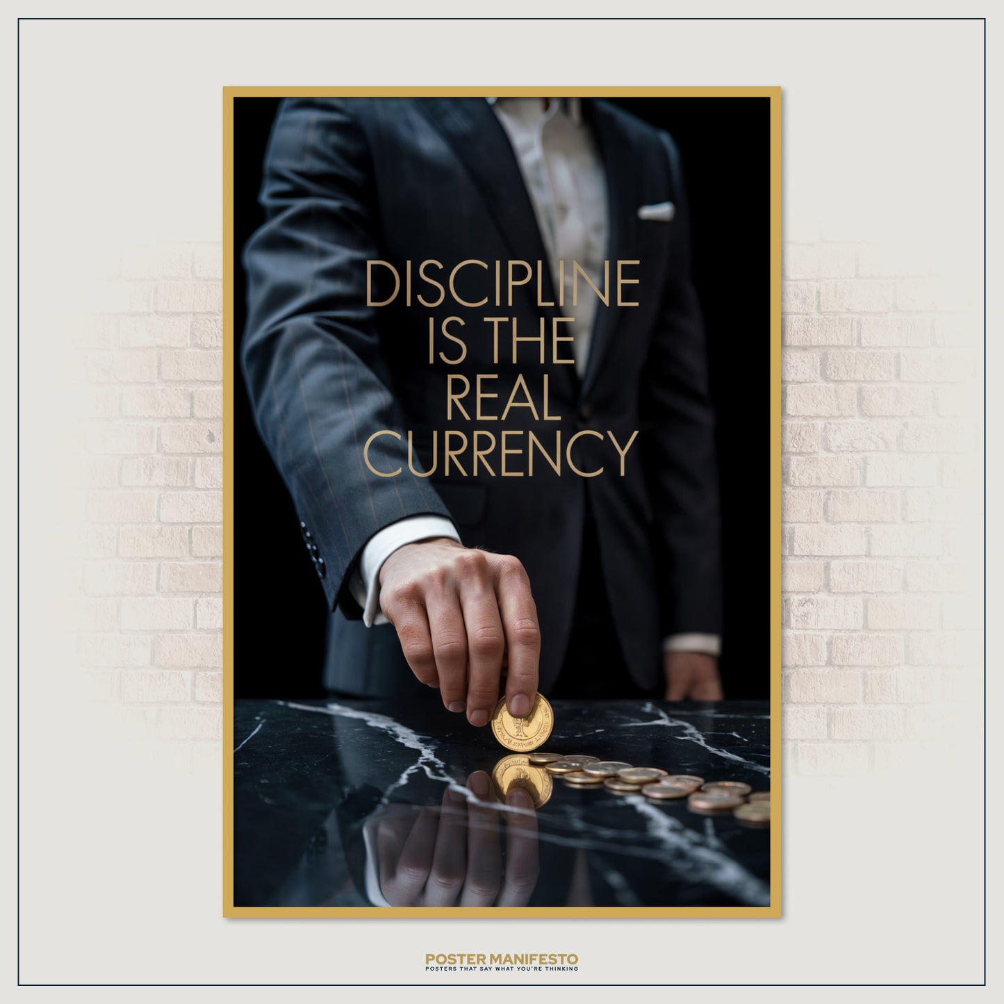Inspirational artwork with text “Discipline Is The Real Currency” over an image of a man in a suit holding golden coins.