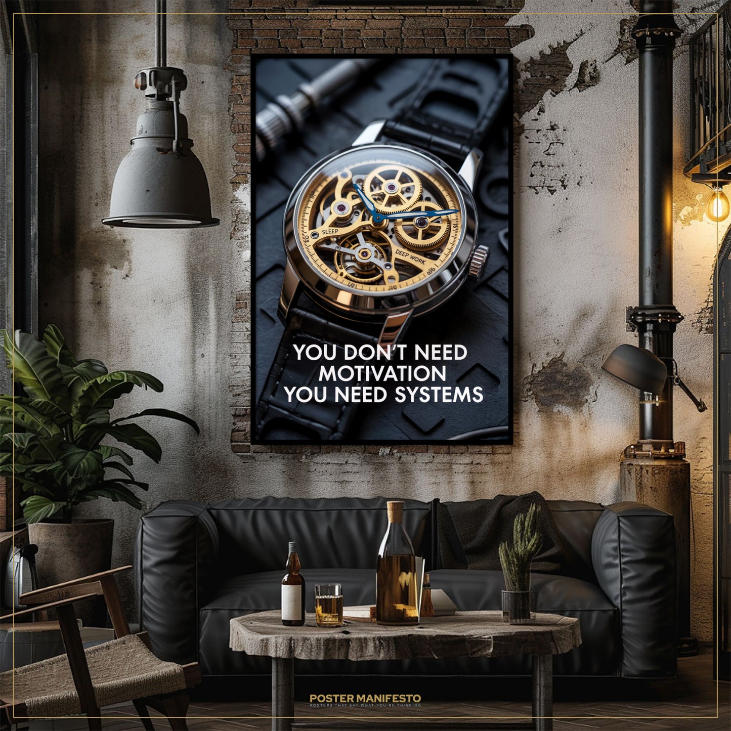Modern living room with a framed poster of a watch and motivational quote, a black sofa, and a wooden coffee table.