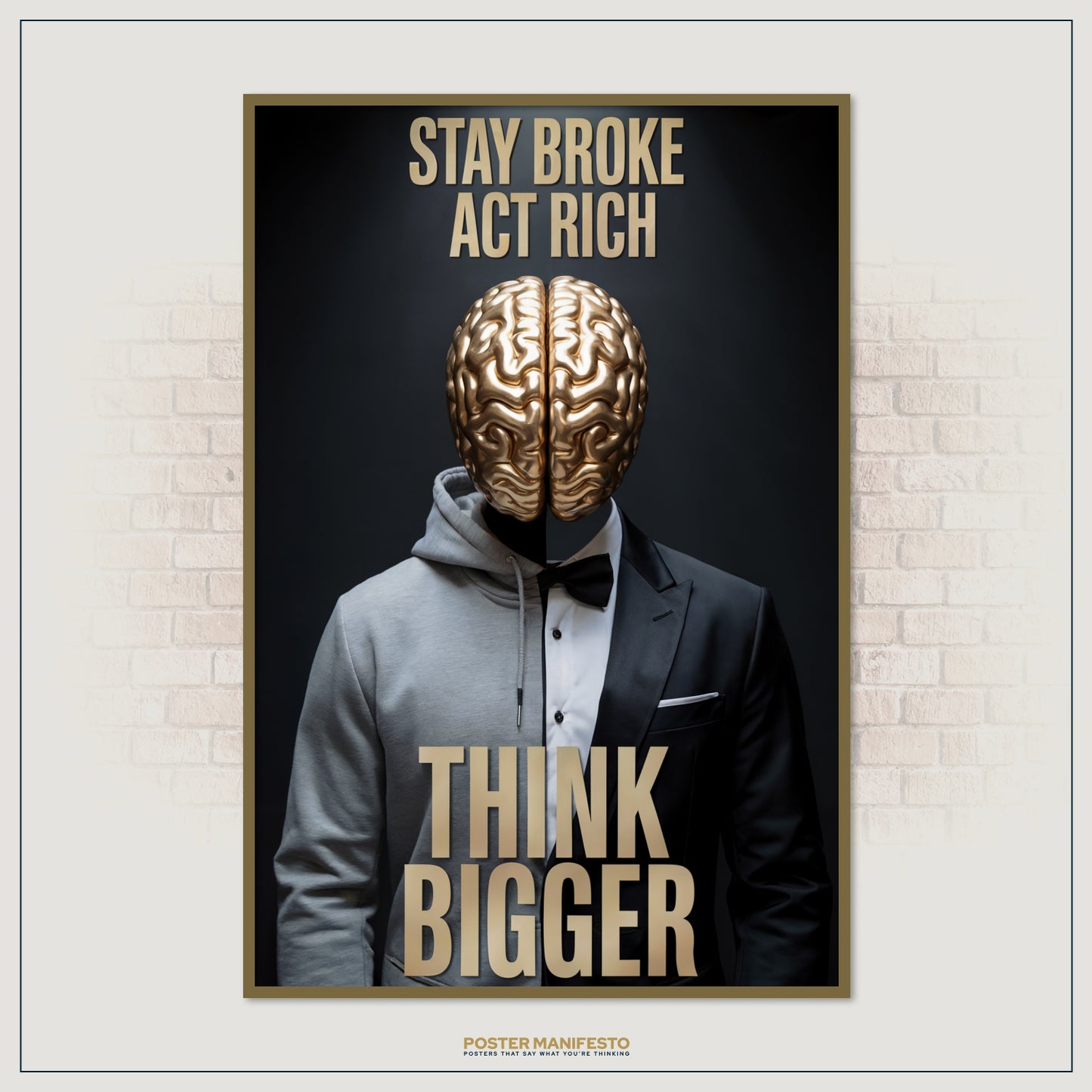 Statement office decor with “Think Bigger” message and symbolic contrast of humble roots and rich ambition.