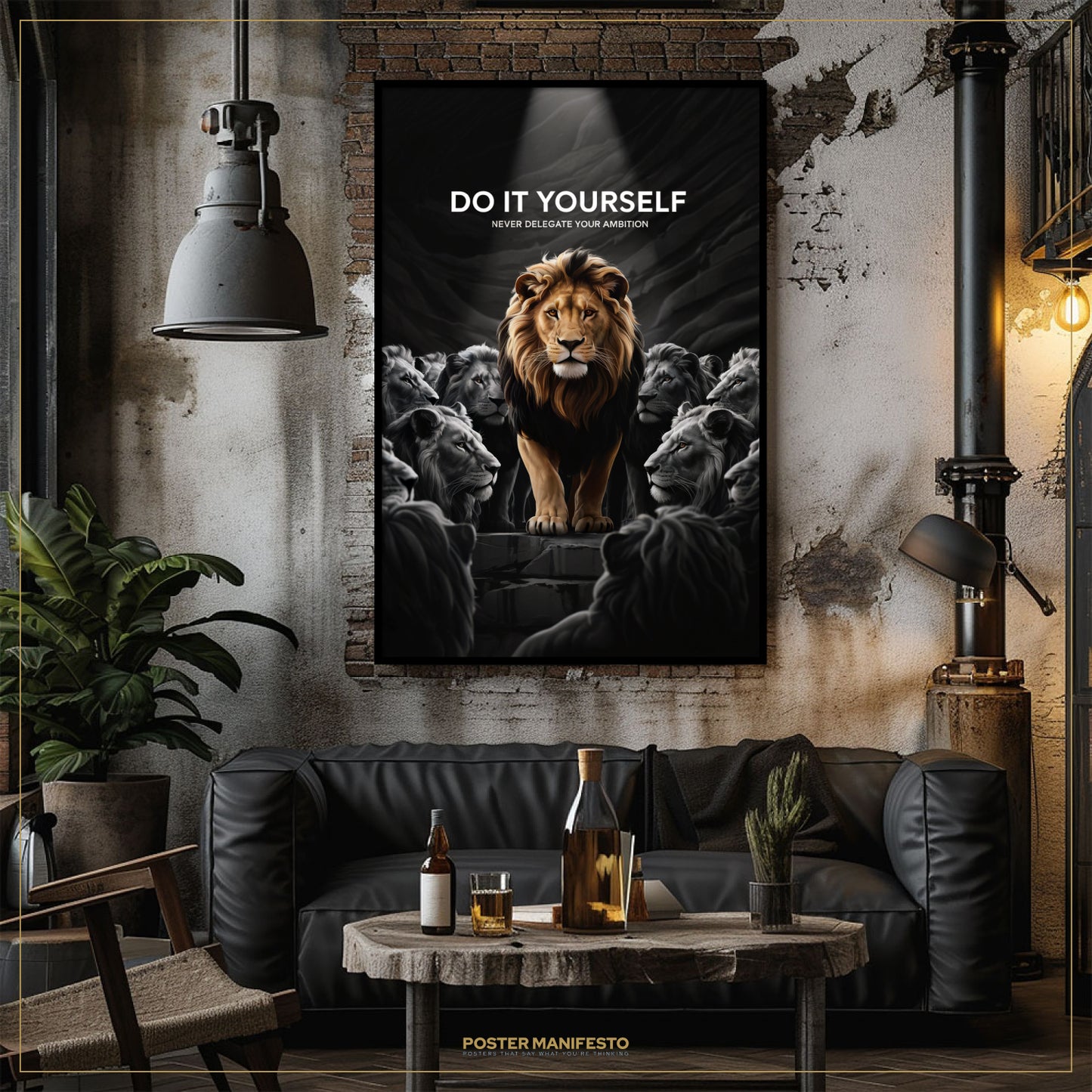 Living room with a motivational poster of a lion and the text 'Do It Yourself' on the wall.