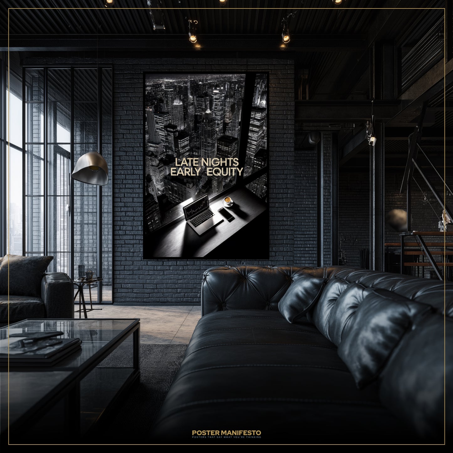 Modern living room with a large framed poster on the wall, featuring the text 'Late Nights Early Equity' and 'Poster Manifesto'.