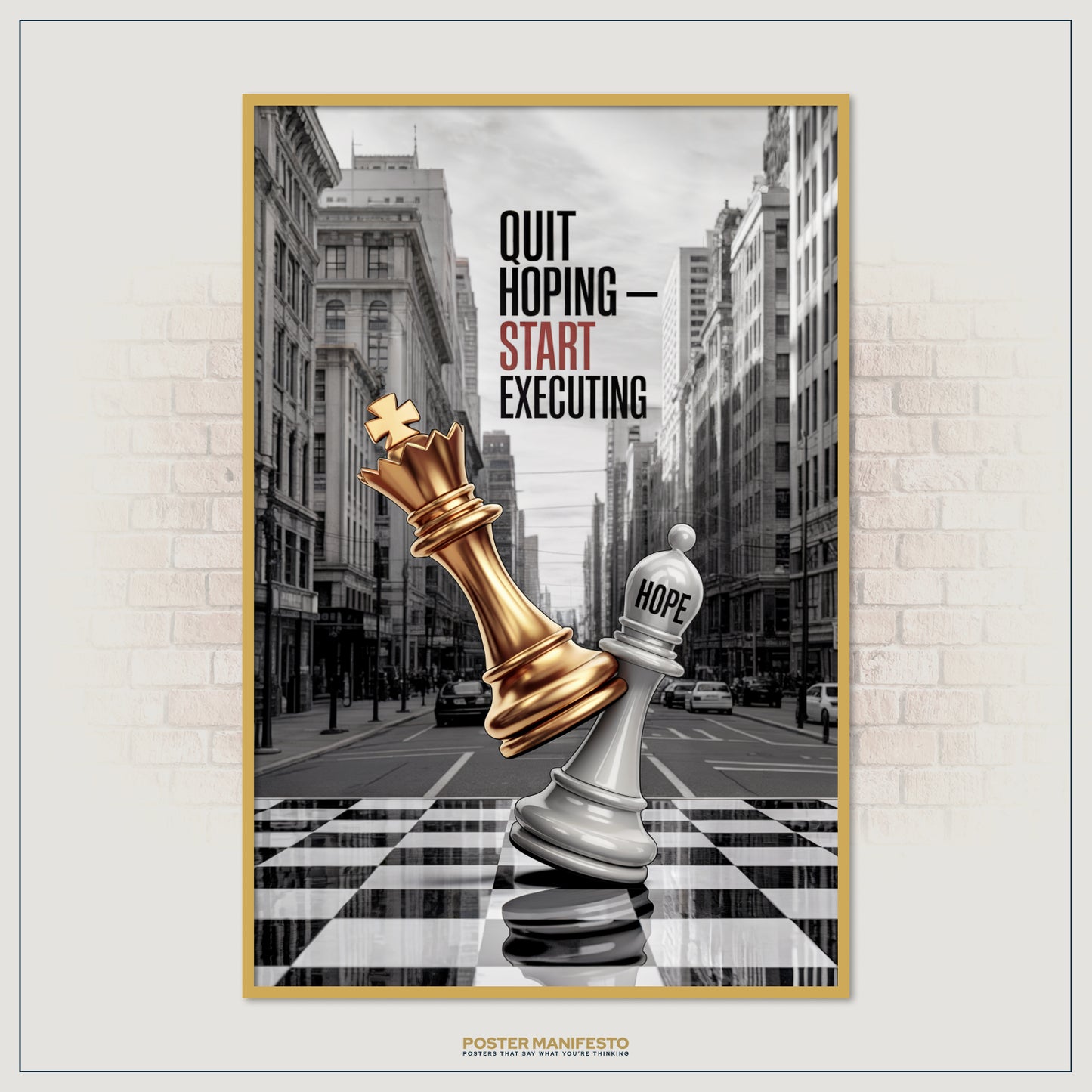 Inspirational chess-themed poster featuring luxury gold and silver pieces, designed to motivate entrepreneurs with a message of execution, action, and success.