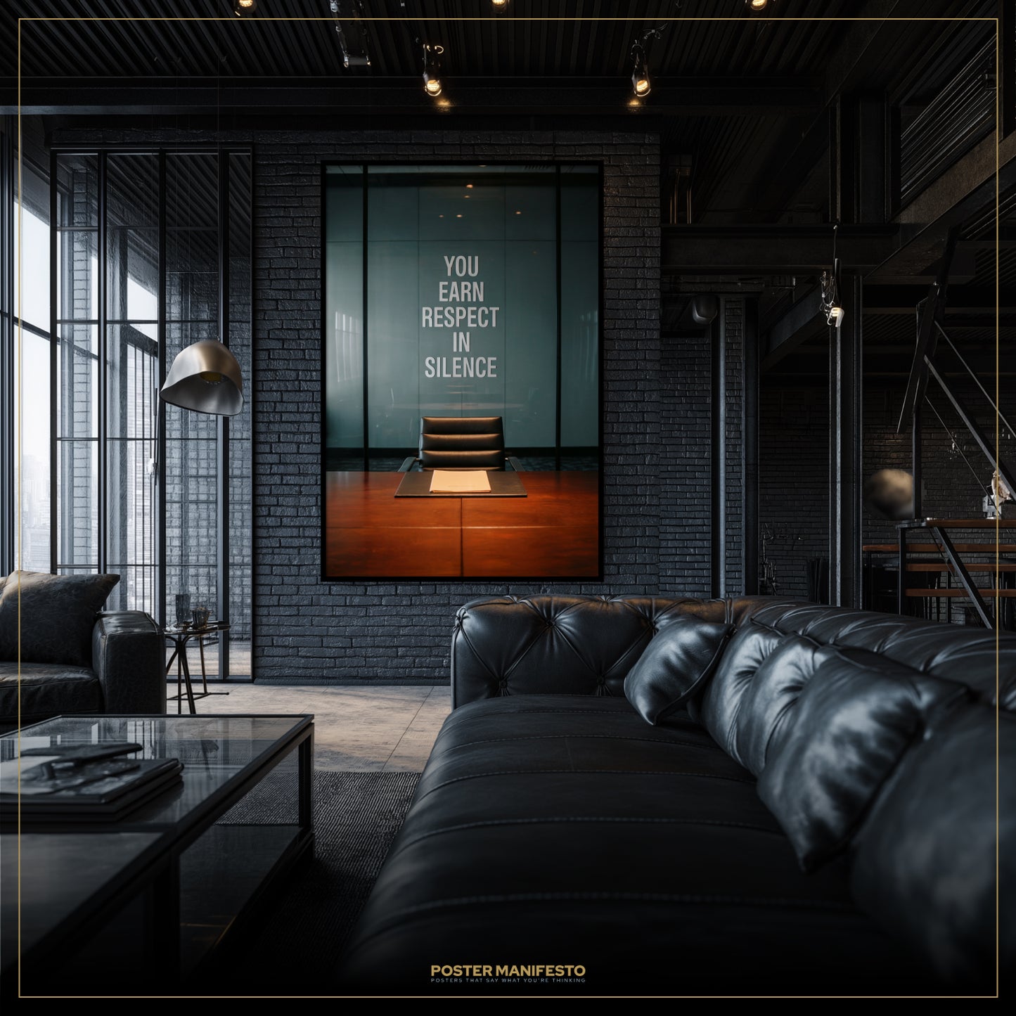 Modern living room with a black leather sofa and a motivational poster on the wall.