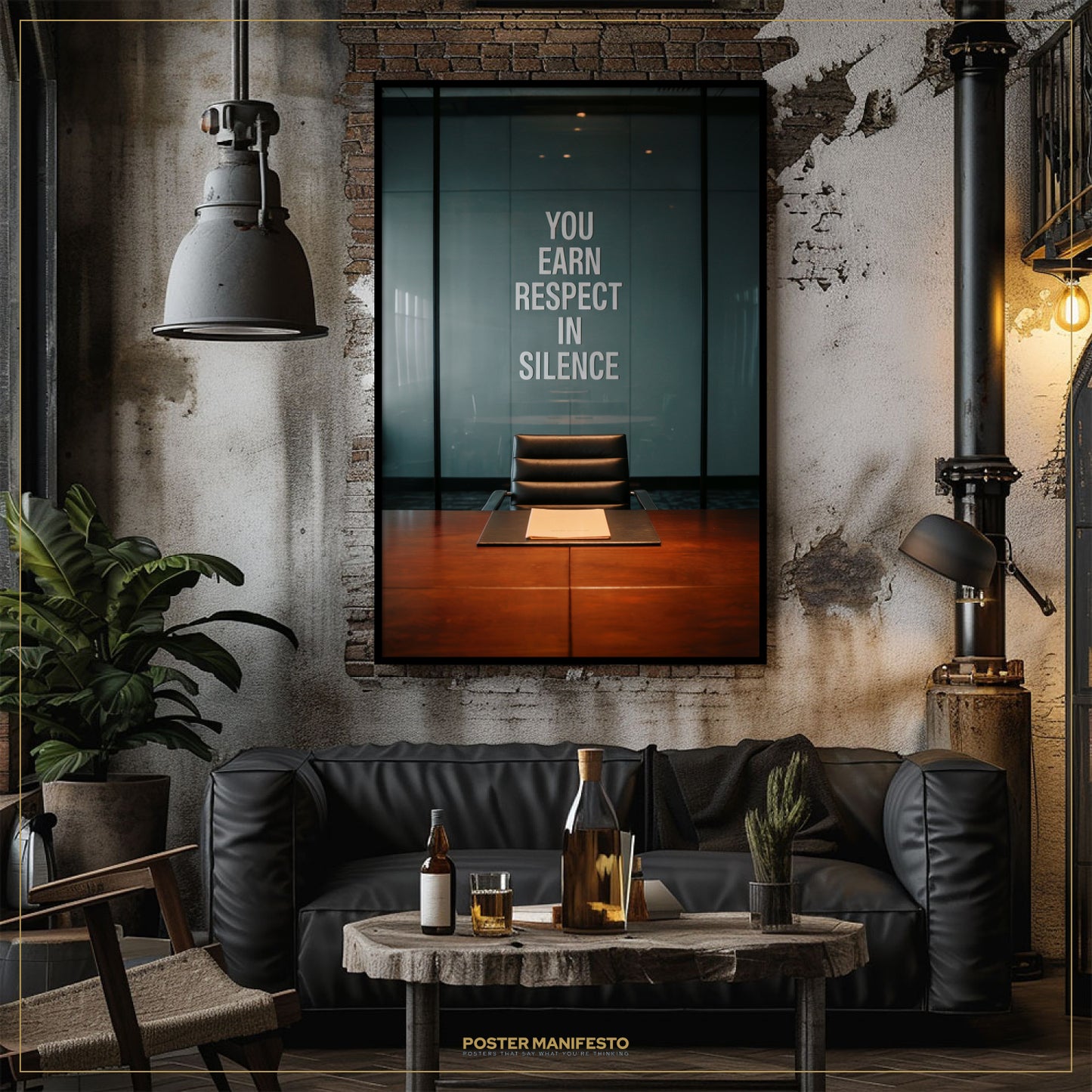 Modern interior with a black leather sofa, wooden coffee table, and framed poster on the wall.