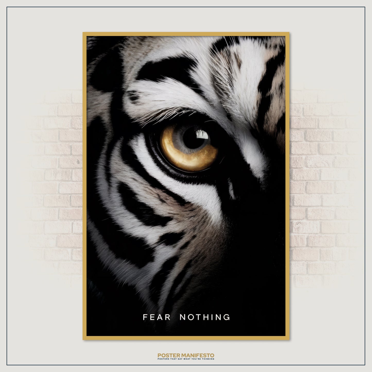 Motivational animal poster with detailed tiger eye close-up, embodying power, fearlessness, and resilience for modern office or home gym decor.
