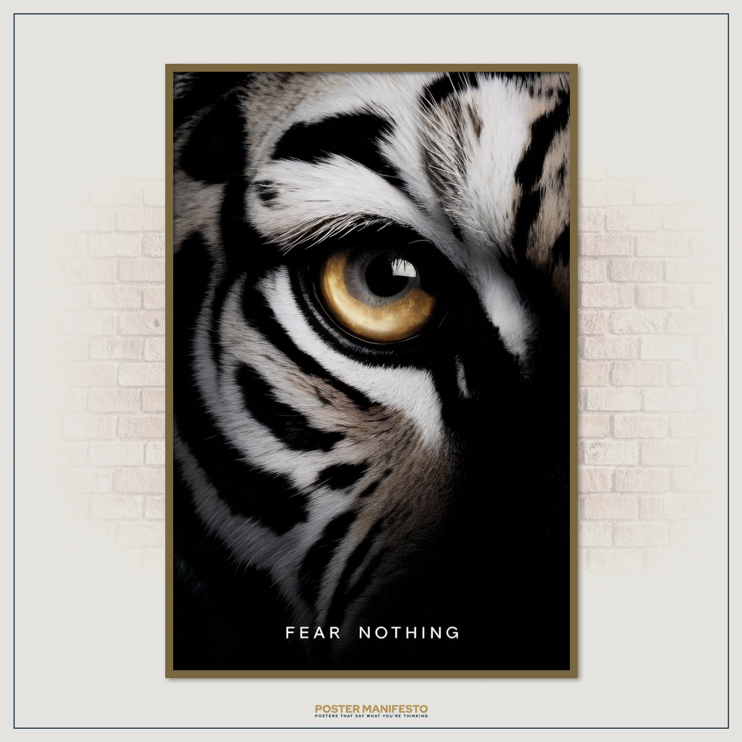 Fierce animal wall decor featuring a tiger’s golden eye, paired with a motivational quote to push determination and fearless energy.