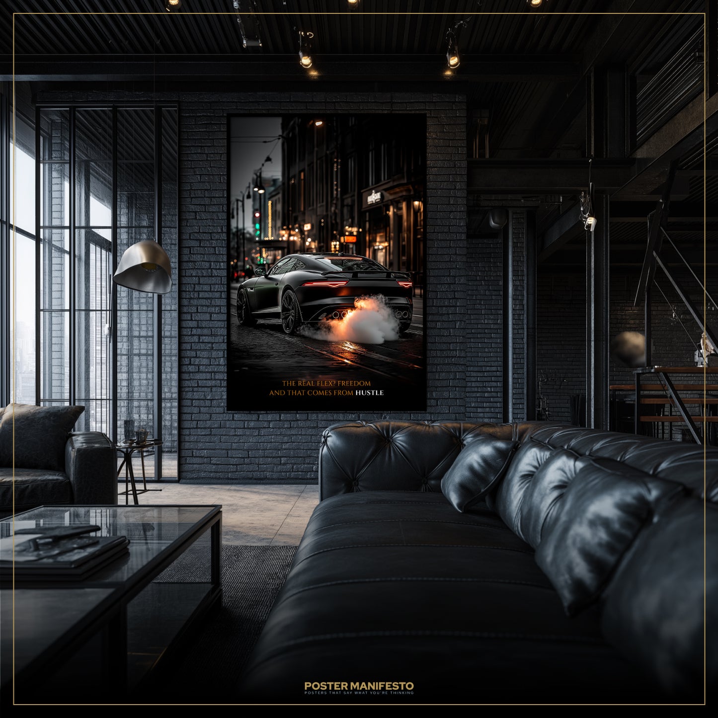 Modern living room with a large movie poster on the wall, featuring a car scene.
