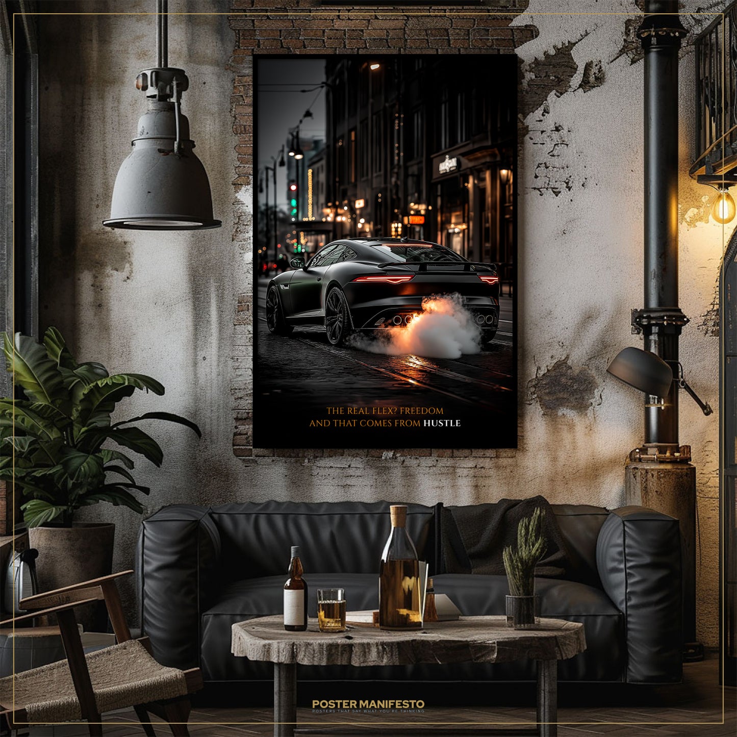 Living room with a black leather sofa, wooden coffee table, and a framed poster of a car on the wall.