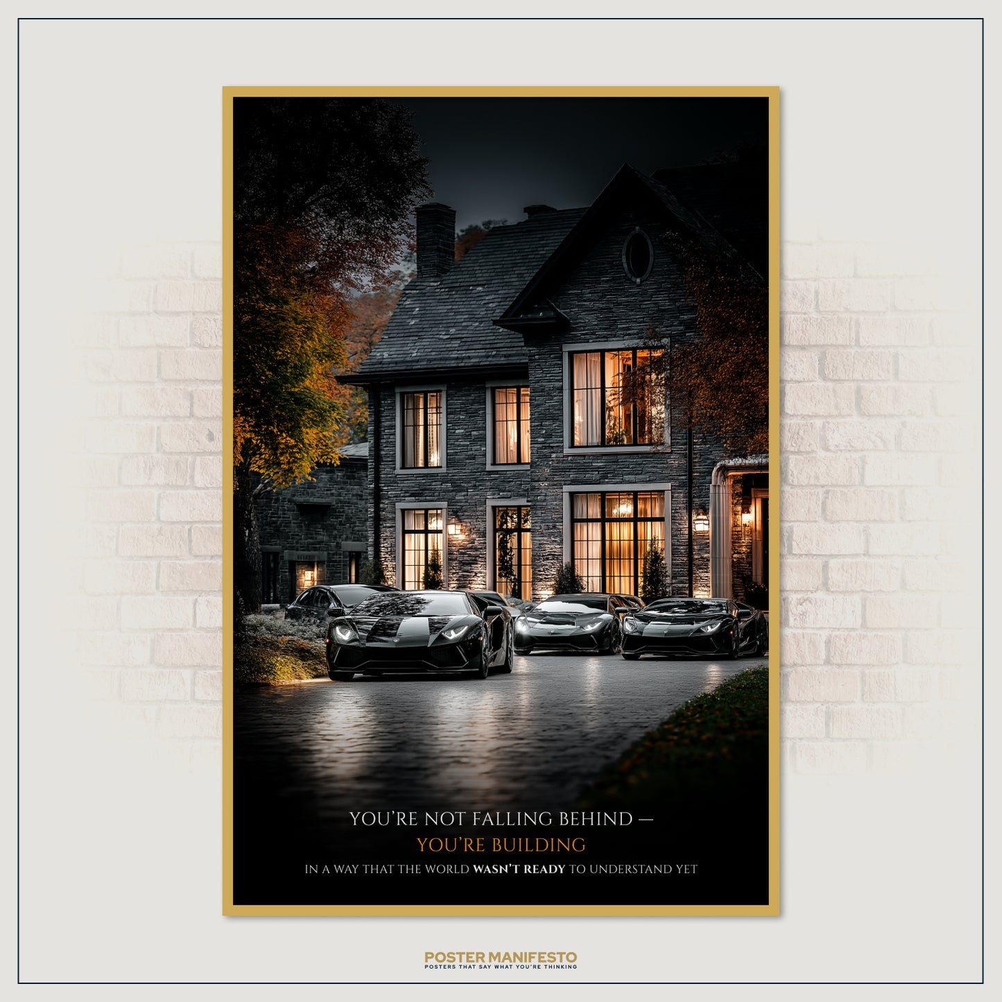 Success-driven décor print blending luxury cars and a mansion with a motivational message reminding entrepreneurs that progress is unique and personal.
