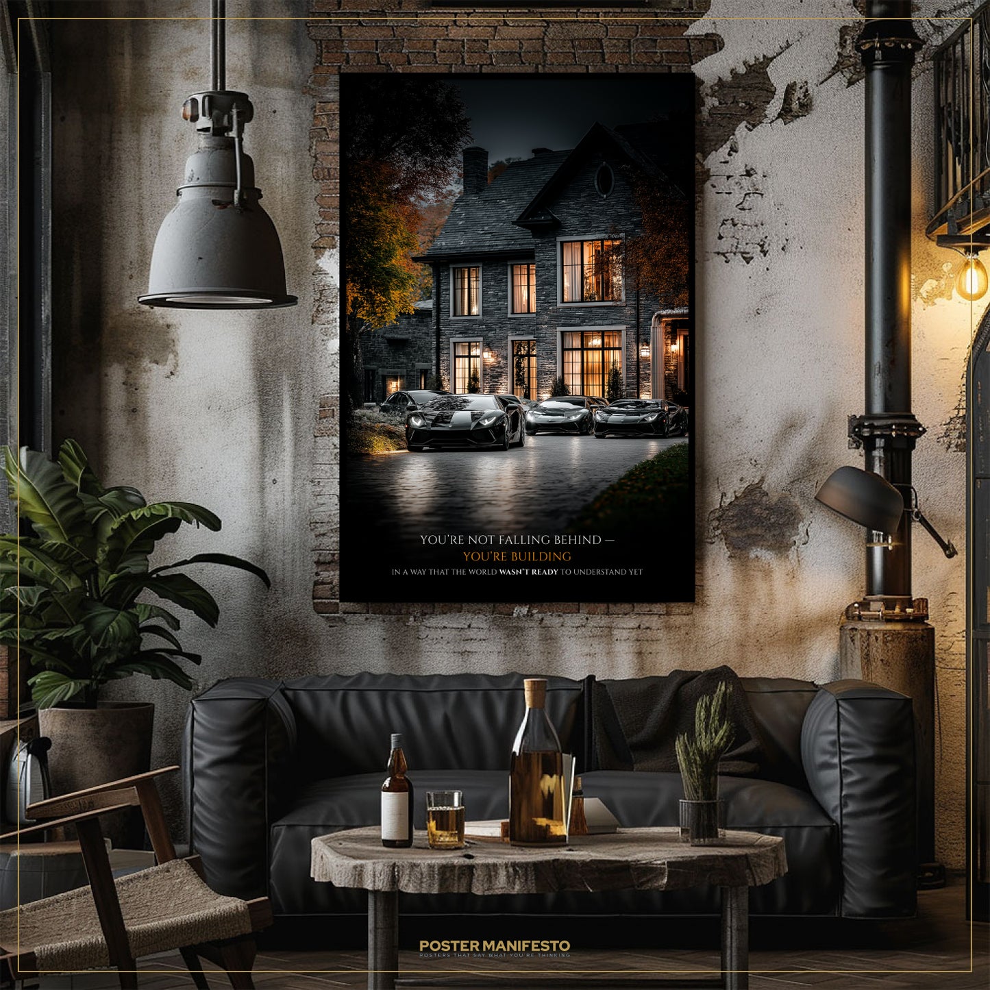 Living room with a dark gray sofa, wooden coffee table, and a large framed poster on the wall.