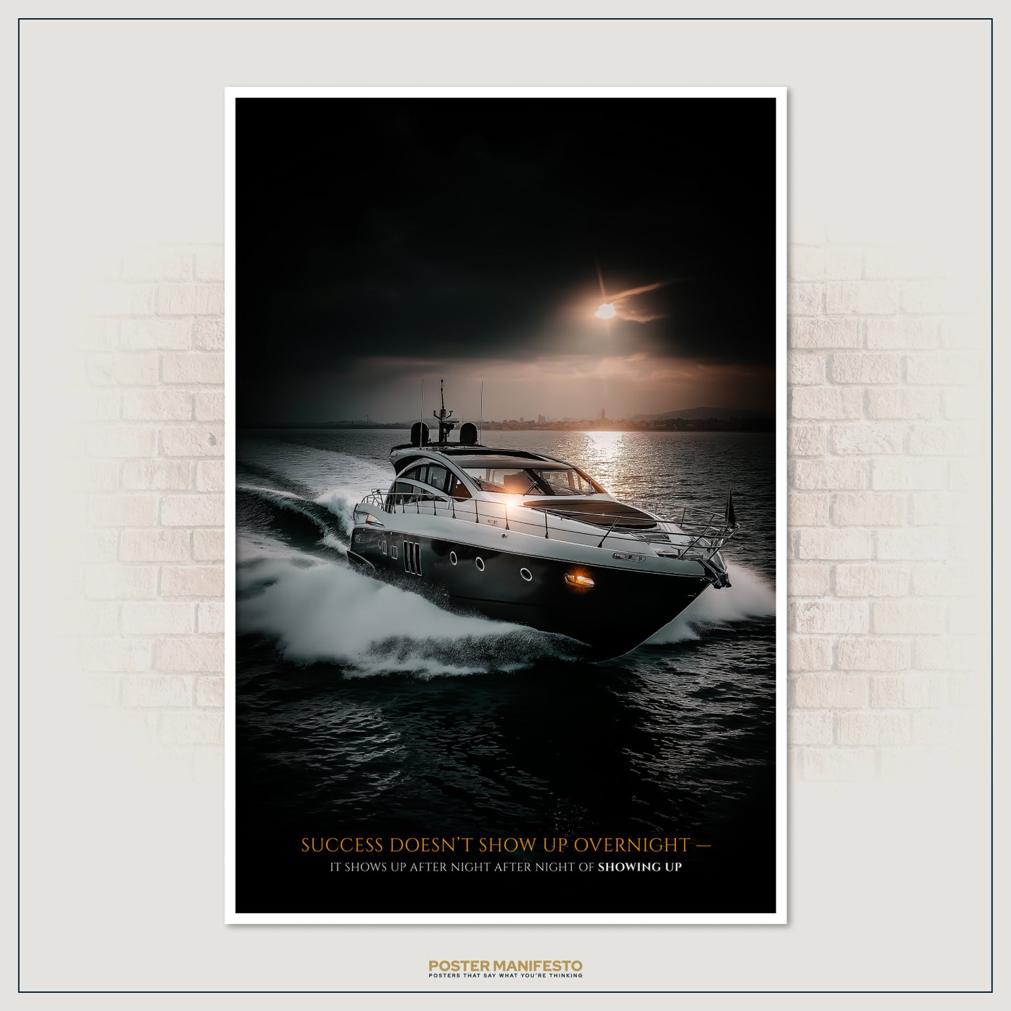 Entrepreneurial motivational poster with luxury yacht imagery and a quote on discipline, perfect for workspaces and leaders.