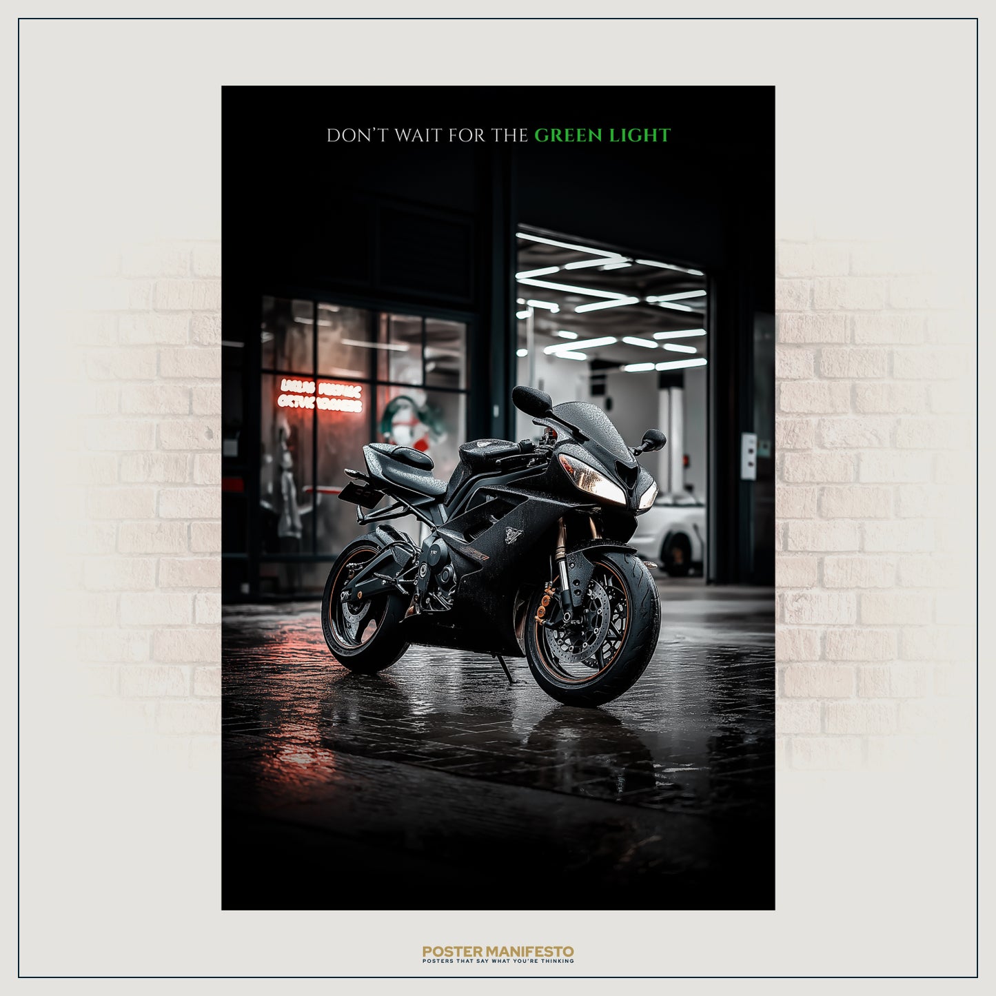 Inspirational wall art showing a motorcycle in a sleek urban setting, symbolizing action and determination.