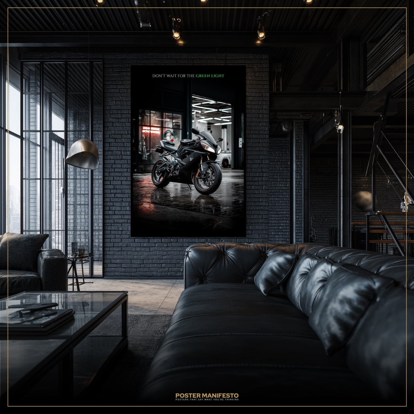 Modern living room with a large framed photograph of a motorcycle on the wall.
