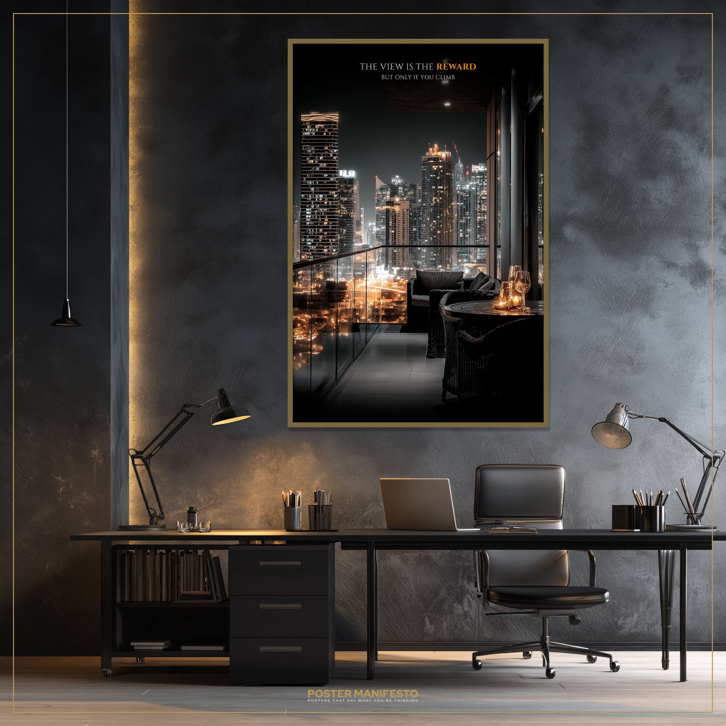 Modern office setup with a large framed poster of a cityscape.