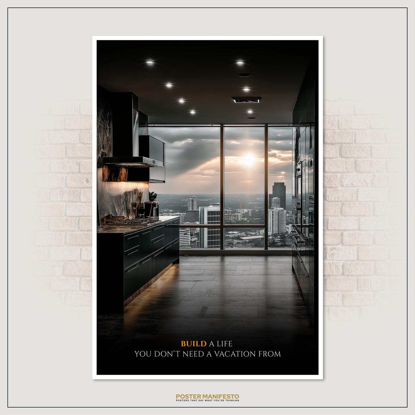 Luxury lifestyle poster featuring modern kitchen interior and empowering success quote, perfect for entrepreneurs.