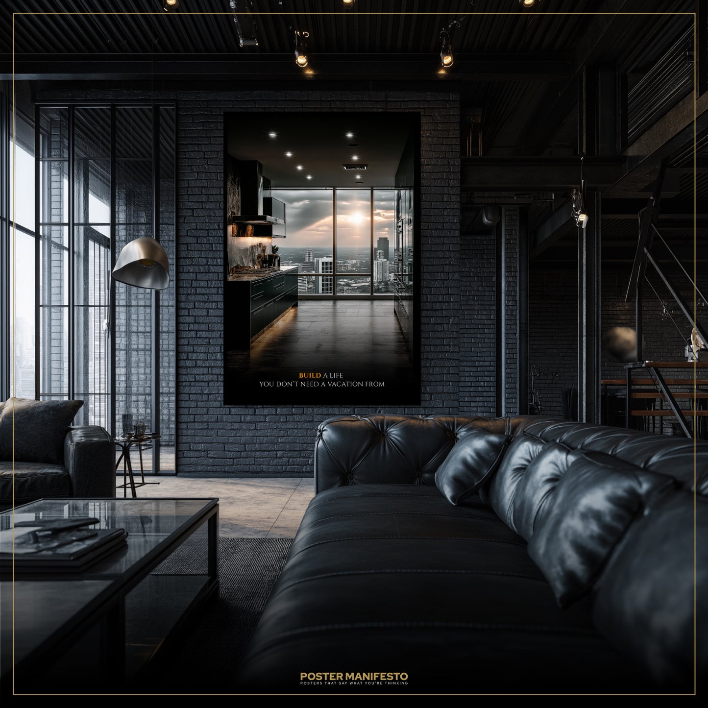 Modern living room with a large framed poster on the wall, featuring a cityscape.