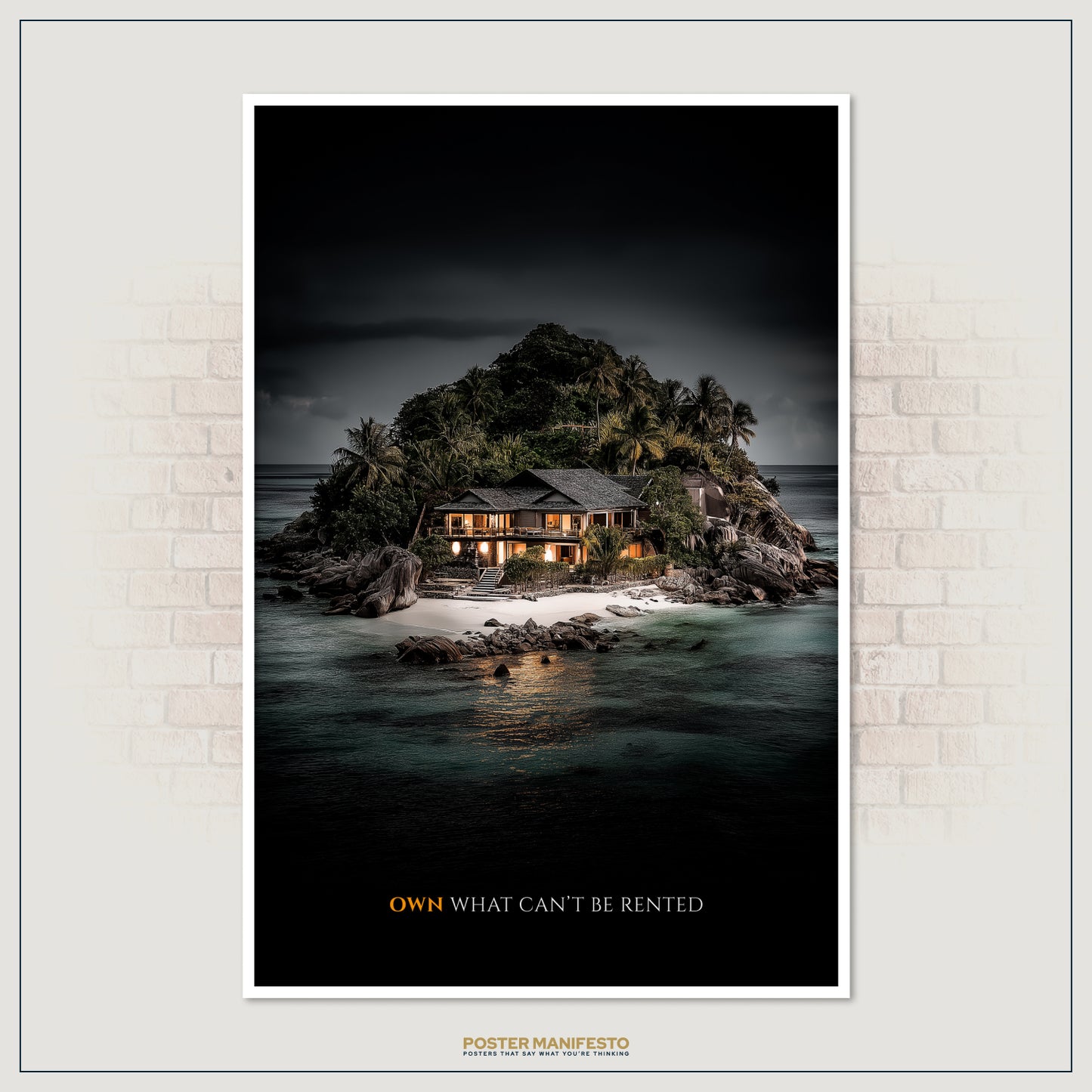 Motivational print featuring tropical island villa, ideal for entrepreneurs and dreamers chasing ultimate success.