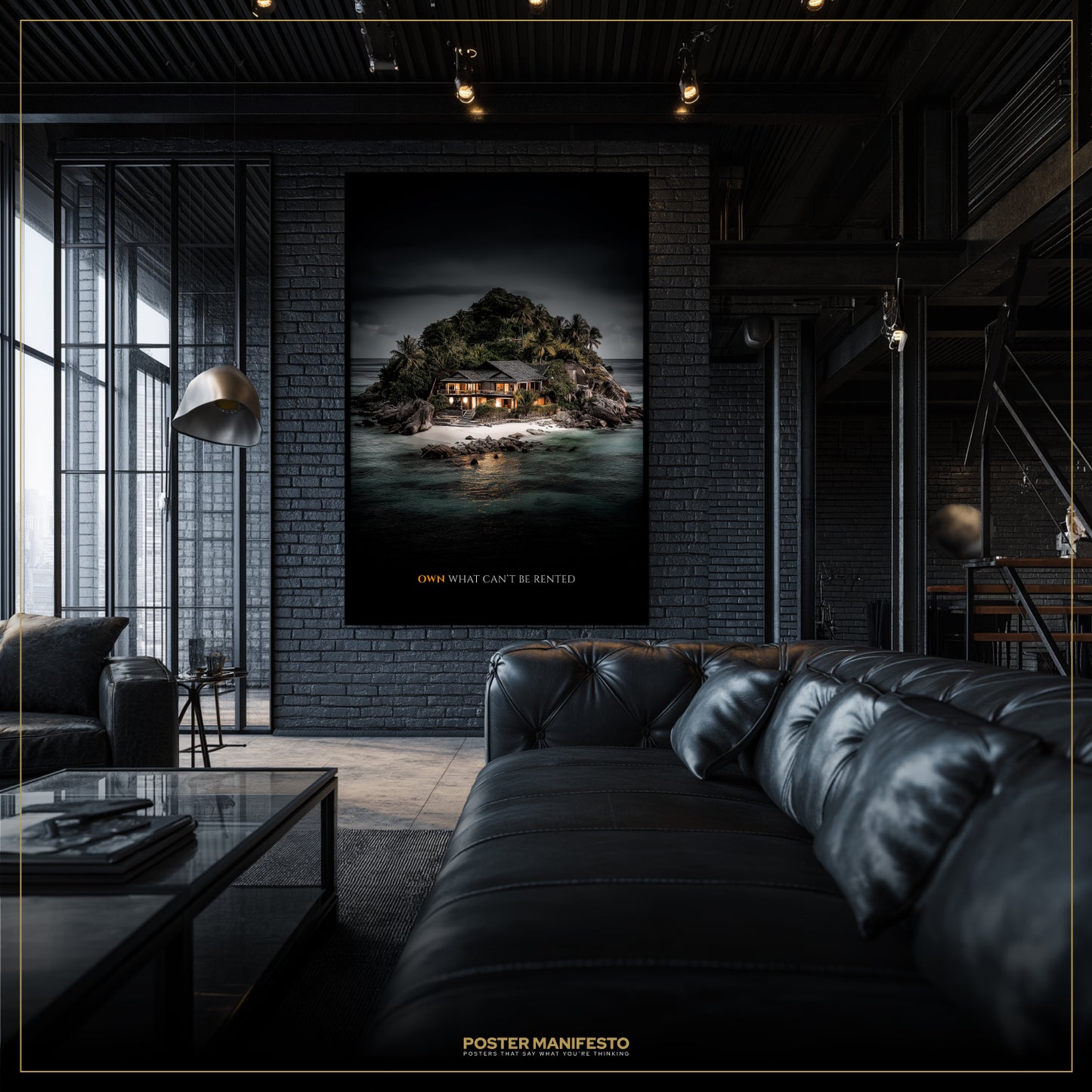 Modern living room with a large framed poster of an island scene on a brick wall.