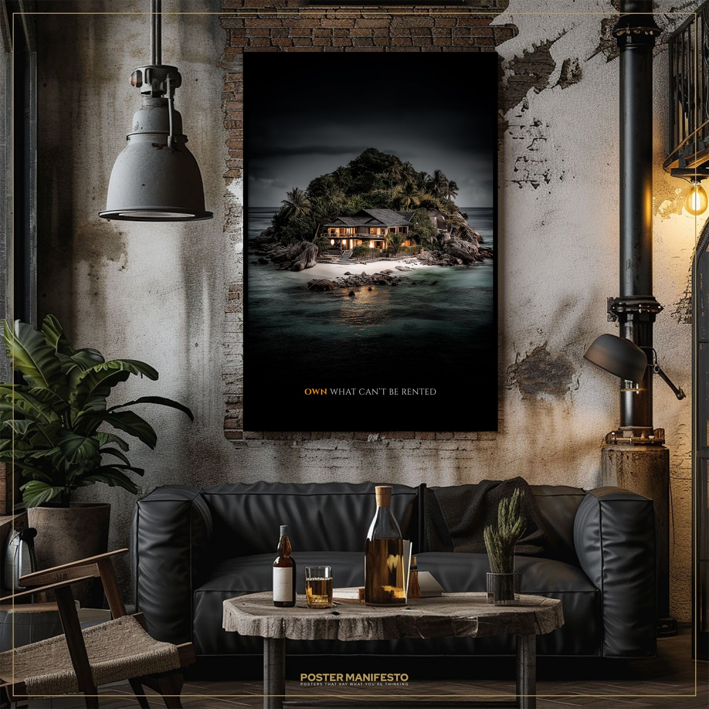 Living room with a large framed poster of an island scene, a black leather sofa, and a small table with drinks.