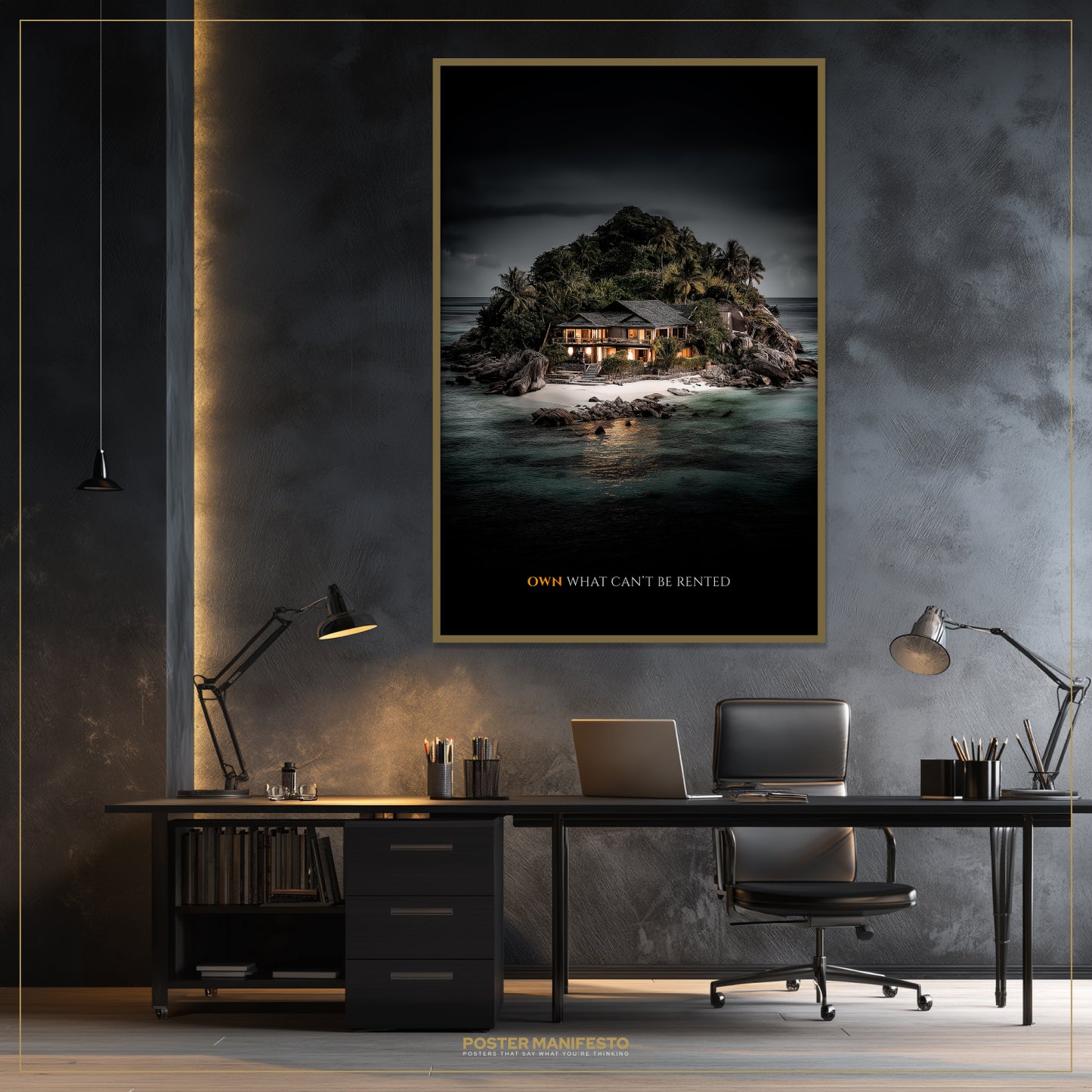 Modern office setup with a large framed poster of a house on an island, surrounded by water.