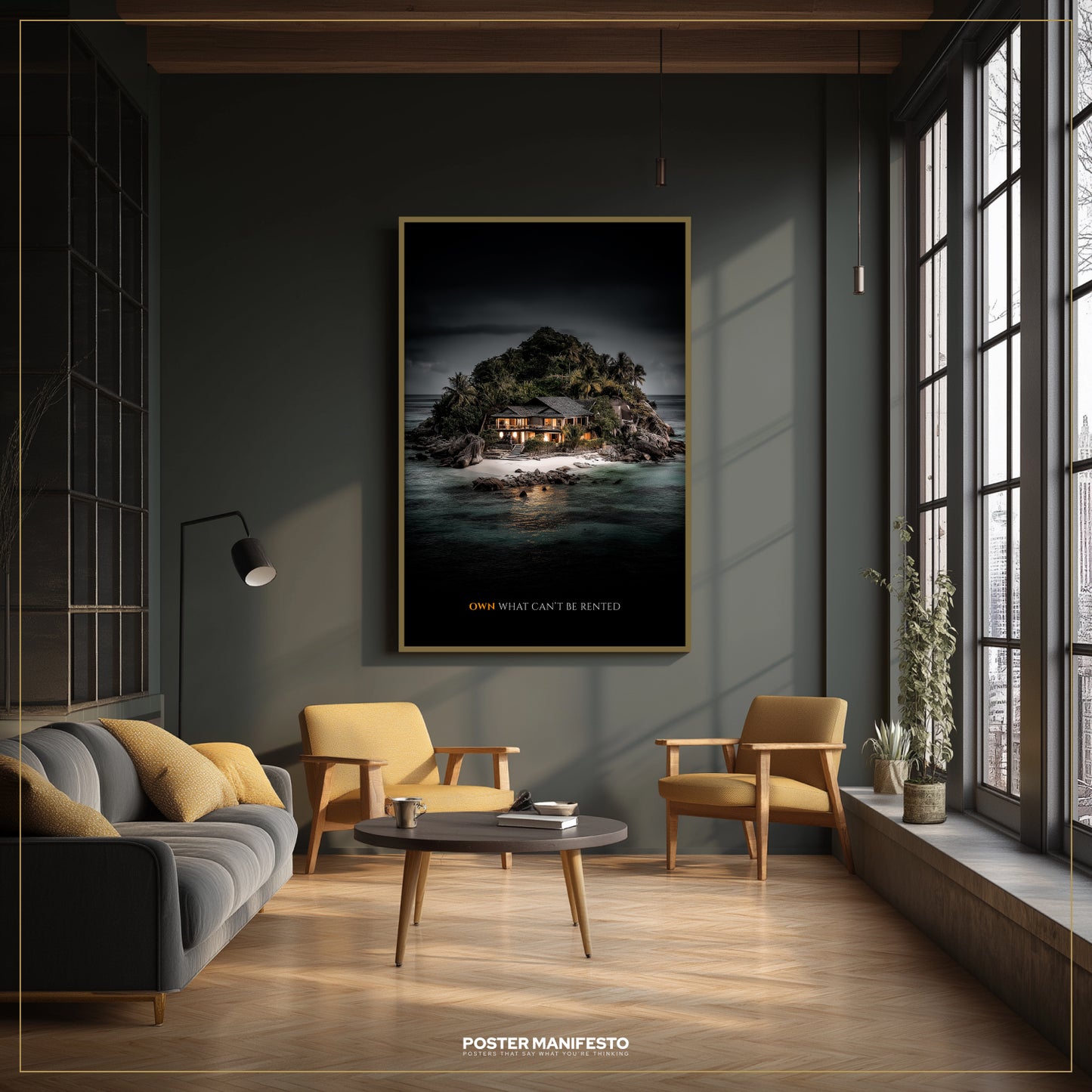 Modern living room with a large framed poster on the wall, featuring a scenic landscape.