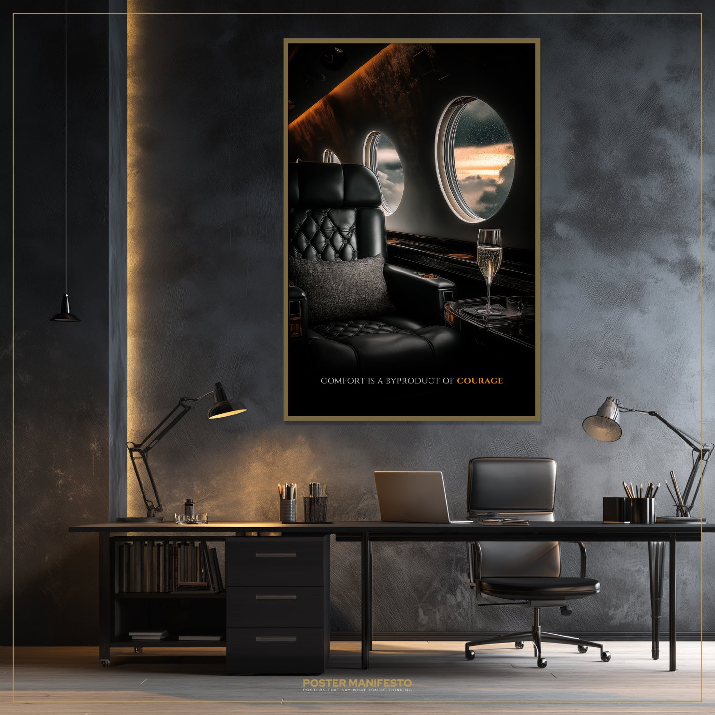 Modern office setup with a framed poster of an airplane interior on a textured wall.