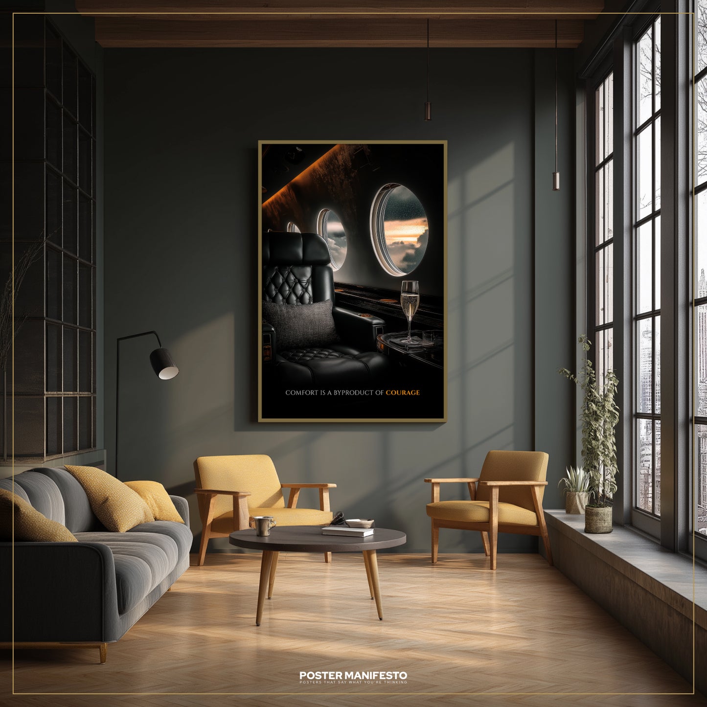 Modern living room with a stylish poster on the wall, gray sofa, and wooden coffee table.