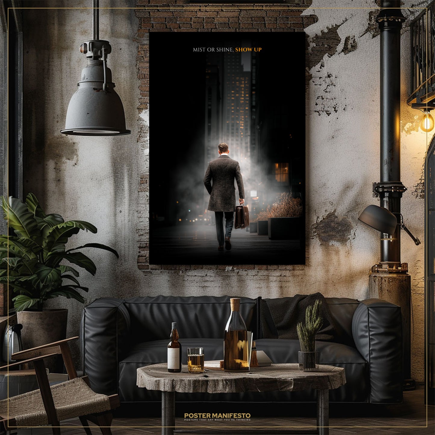 Poster of a man walking down a street on a wall in a stylish living room.