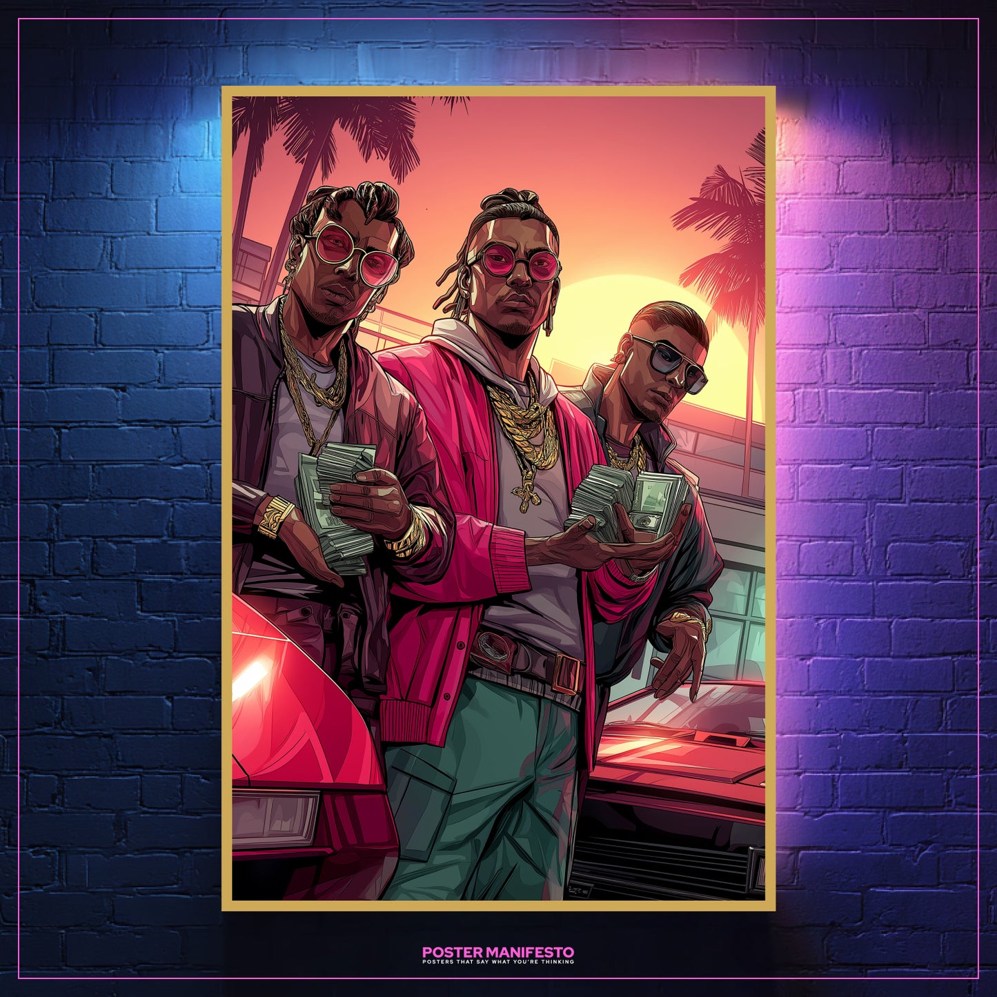 Hustle wall art featuring crew of three with cash stacks and Lamborghini at sunset.